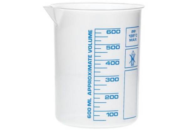 Griffinbecher aus PP, Laborbecher mit aufgedruckter blauer Volumenskala, 600 ml, 12 Stück
