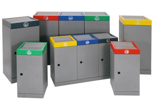 Wertstoffbehälter mit Schwingdeckel, 70 Liter, Korpus weißaluminium, Kopf blau-0