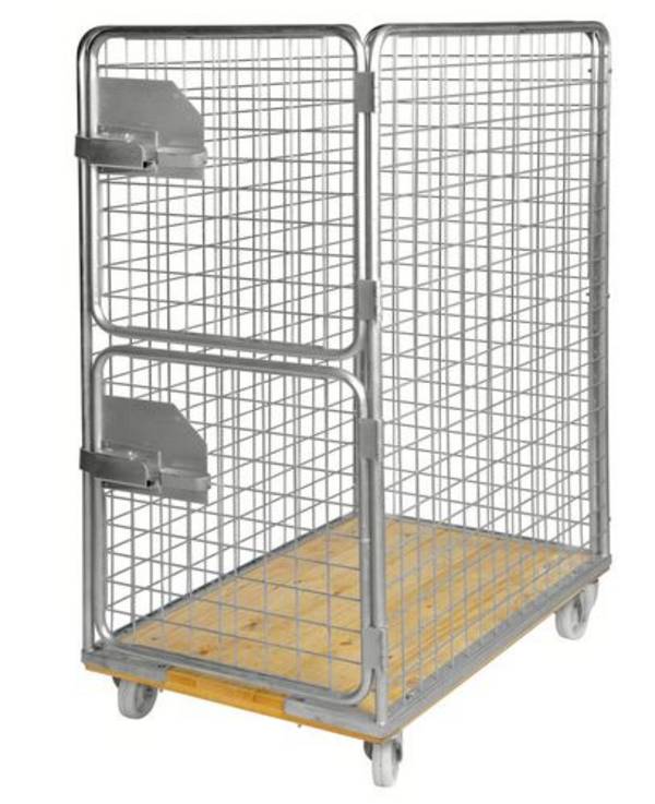 Rollbehälter KM mit Holzplatte, 4-seitig, Tür Stirnseite 2-teilig, LxBxH 1200 x 750 x 1700 mm