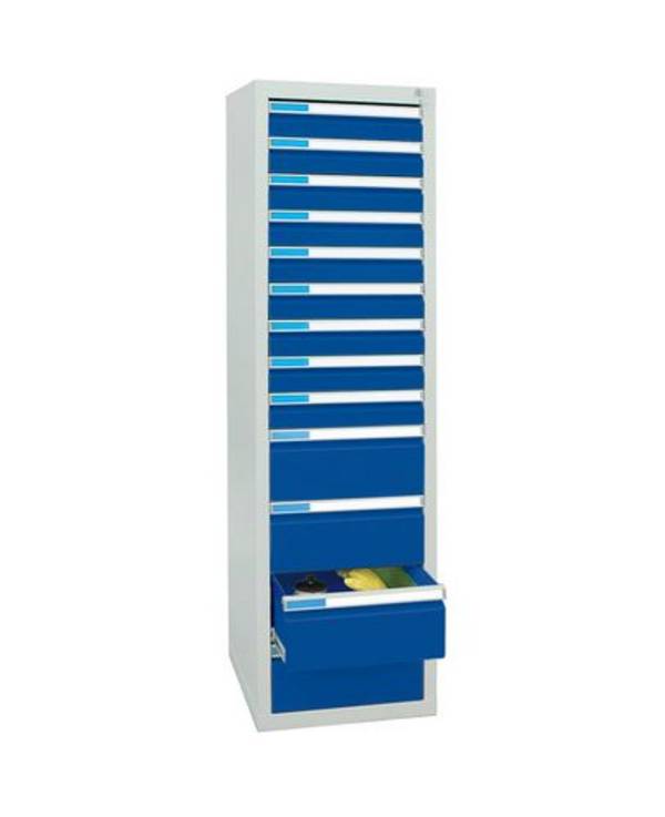 Schubladenschrank Esta mit 13 Schubladen, grau/blau, B 500 mm, H 1800 mm