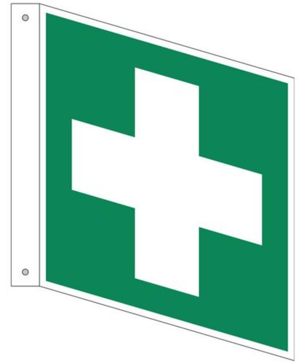 Fahnenschild "Erste Hilfe", ISO 7010, Kunststoff, langnachleuchtend, 200 x 200 mm, VE = 5 Stück