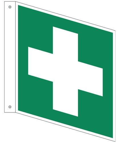 Fahnenschild "Erste Hilfe", ISO 7010, Kunststoff, langnachleuchtend, 200 x 200 mm, VE = 5 Stück-0