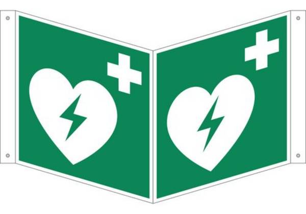 Nasenschild "Autom. ext. Defibrillator", ISO 7010, Kunststoff, LN, 200 x 200 mm, VE = 5 Stück