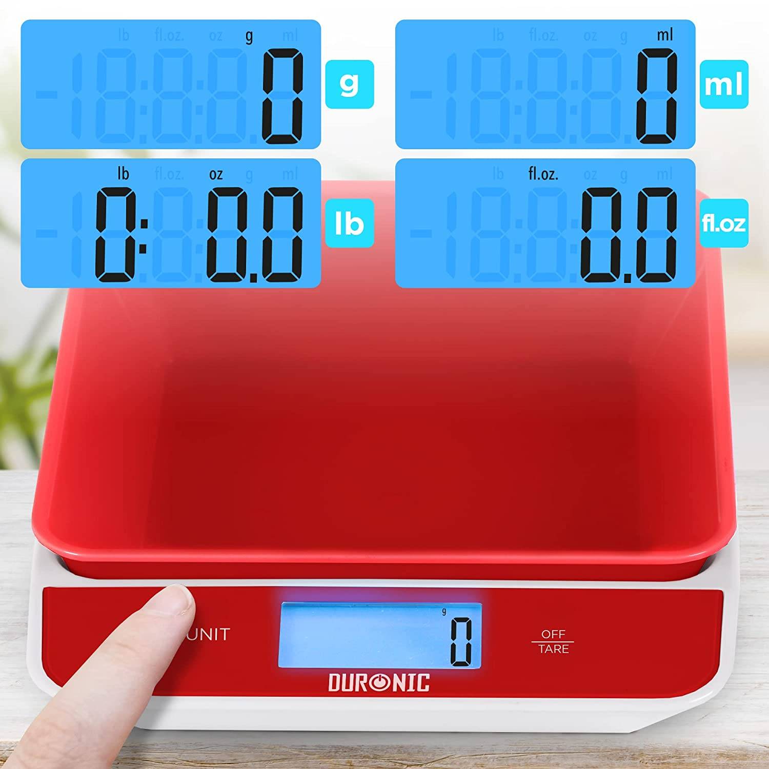 Duronic KS100 RD Küchenwaage - Digitale Lebensmittelwaage mit 1,2 L abnehmbarer Schüssel - Haushaltswaage bis 5kg-4