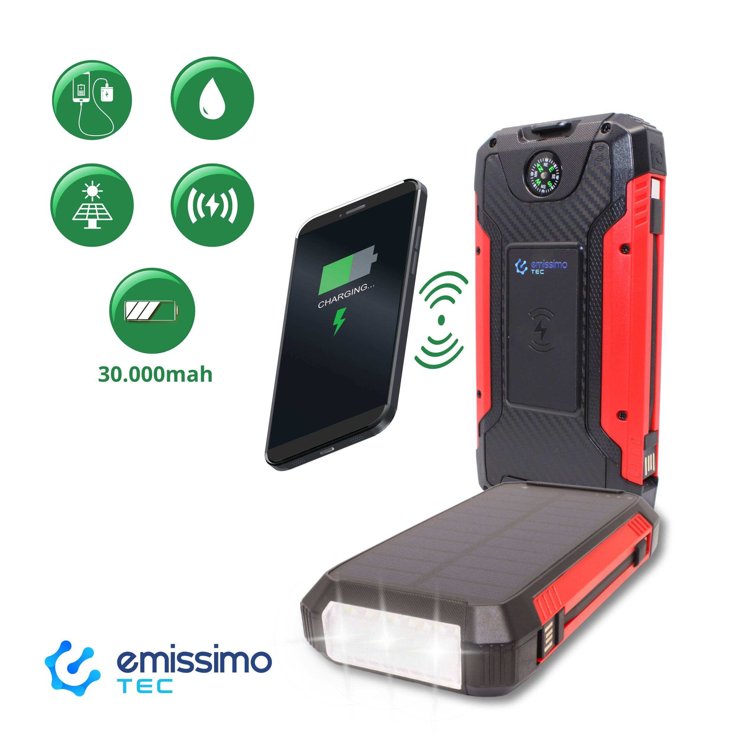 Emissimo Tec Alex Solar Powerbank kompakt Outdoor-Taschenlampe Wireless-Ladegerät 30.000mah Rot-5