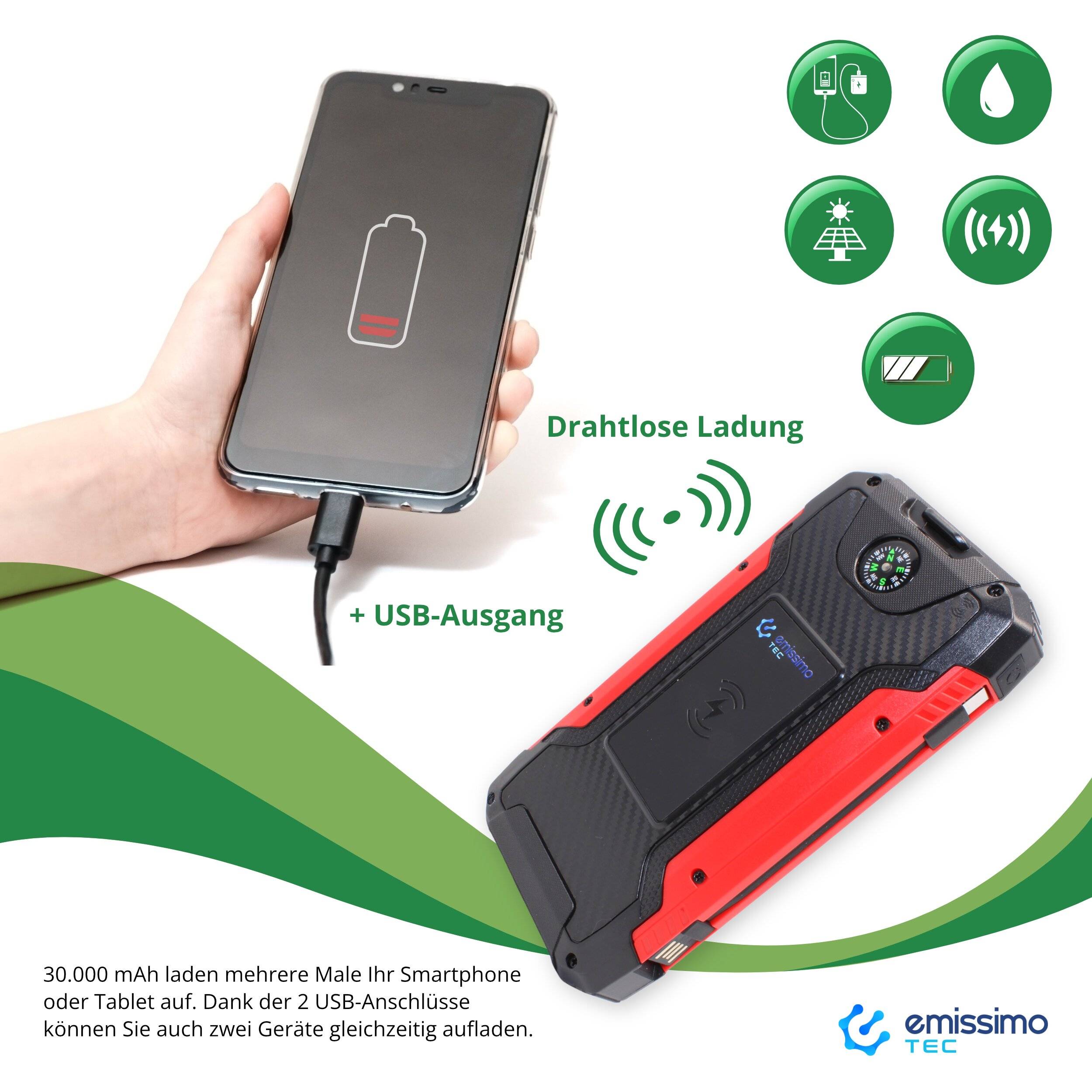 Preisbild für Emissimo Tec Alex Solar Powerbank kompakt Outdoor-Taschenlampe Wireless-Ladegerät 30.000mah Rot