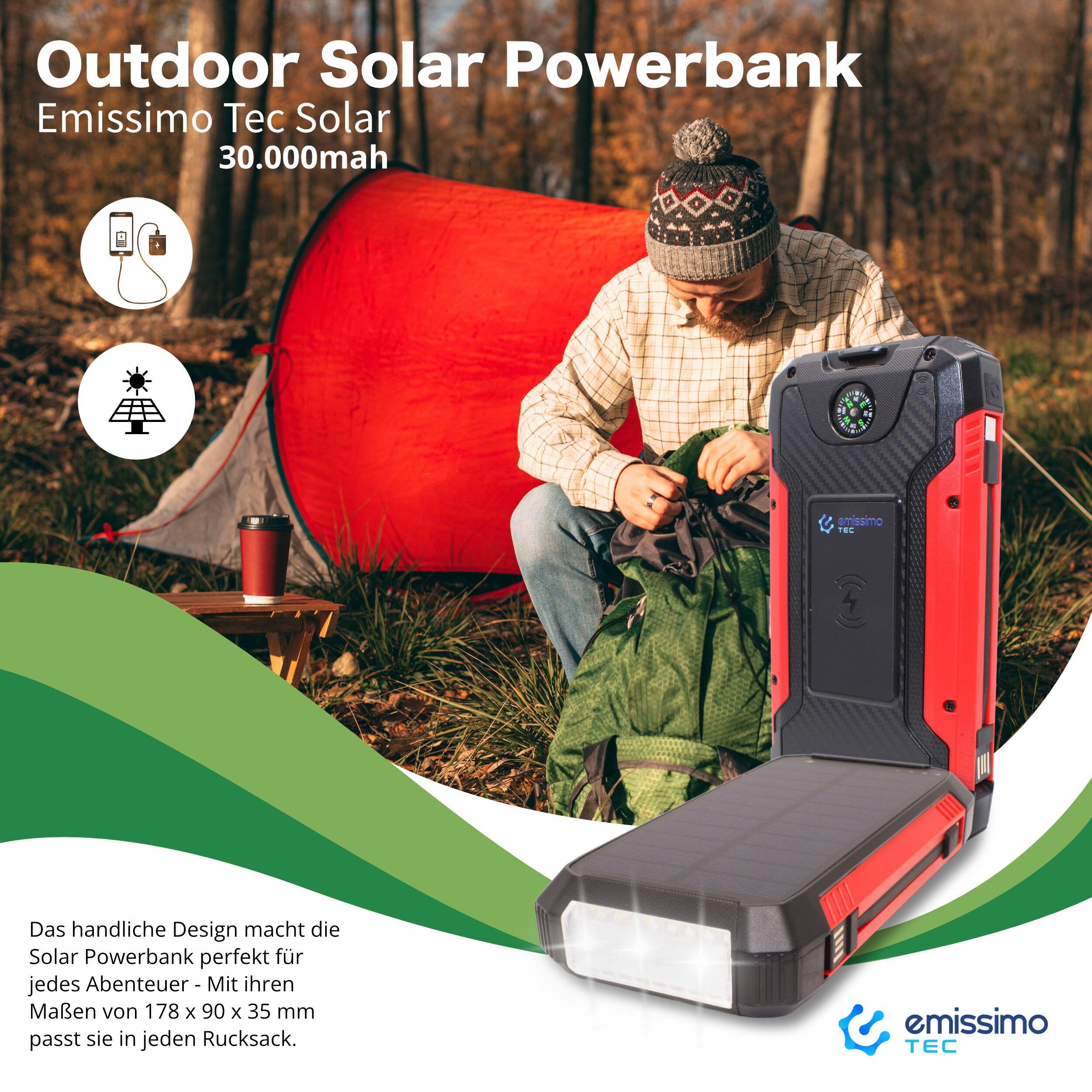 Emissimo Tec Alex Solar Powerbank kompakt Outdoor-Taschenlampe Wireless-Ladegerät 30.000mah Rot-2