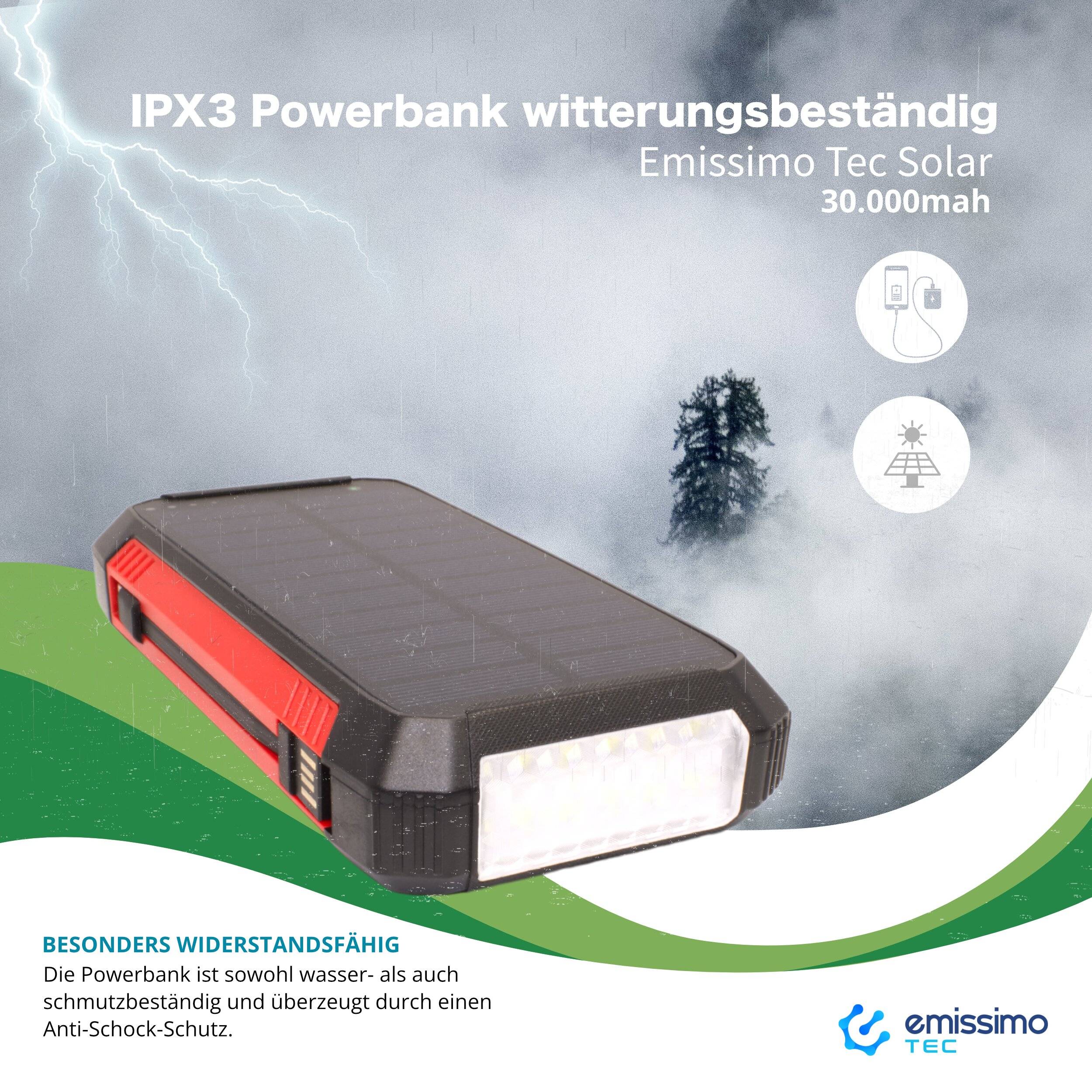 Emissimo Tec Alex Solar Powerbank kompakt Outdoor-Taschenlampe Wireless-Ladegerät 30.000mah Rot-3