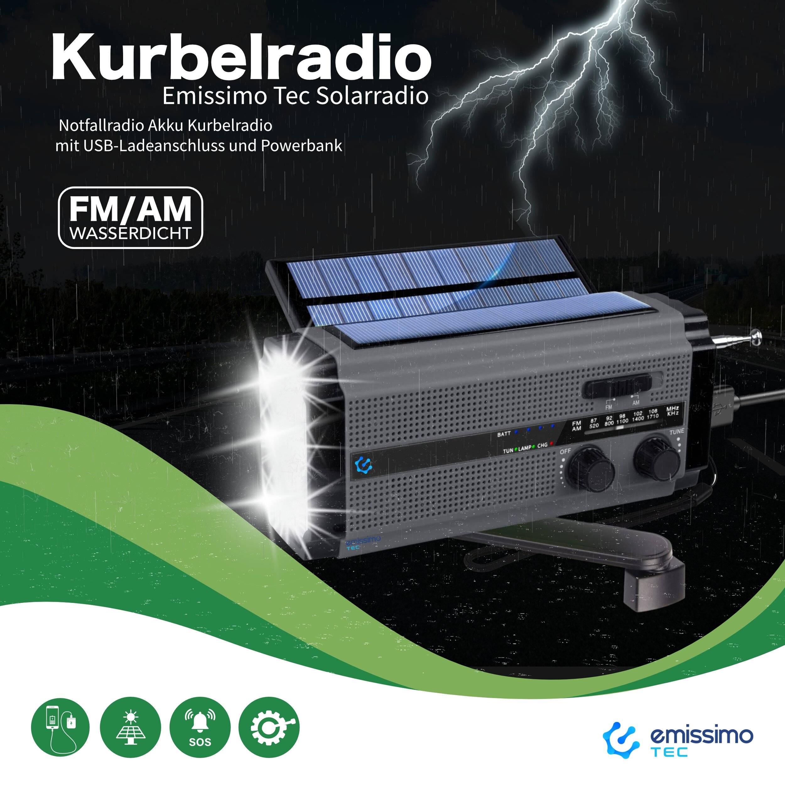 Emissimo Tec Solarradio -ONE- Notfallradio Akku Kurbelradio mit USB-Ladeanschluss und Powerbank-5