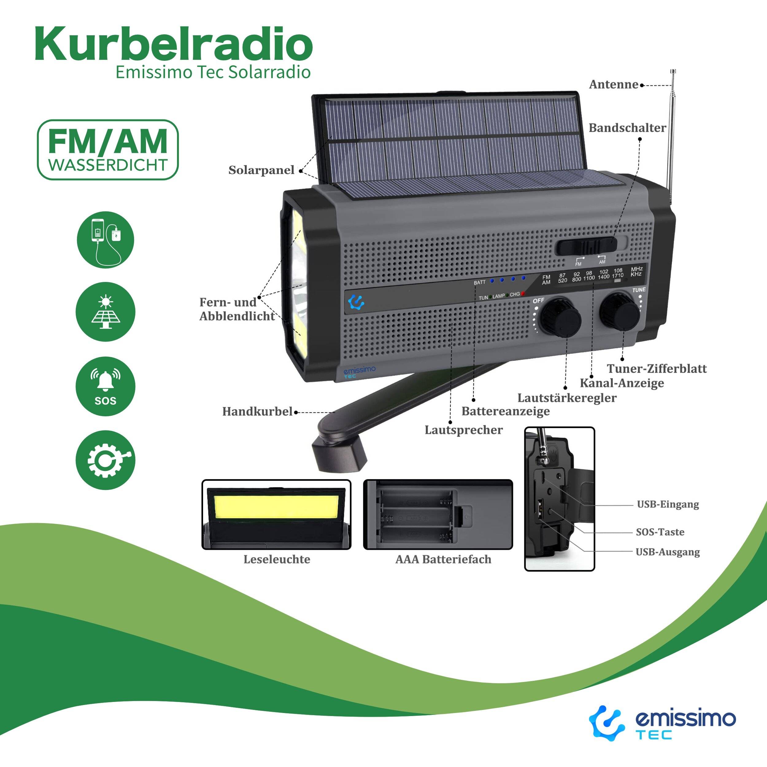 Emissimo Tec Solarradio -ONE- Notfallradio Akku Kurbelradio mit USB-Ladeanschluss und Powerbank-3
