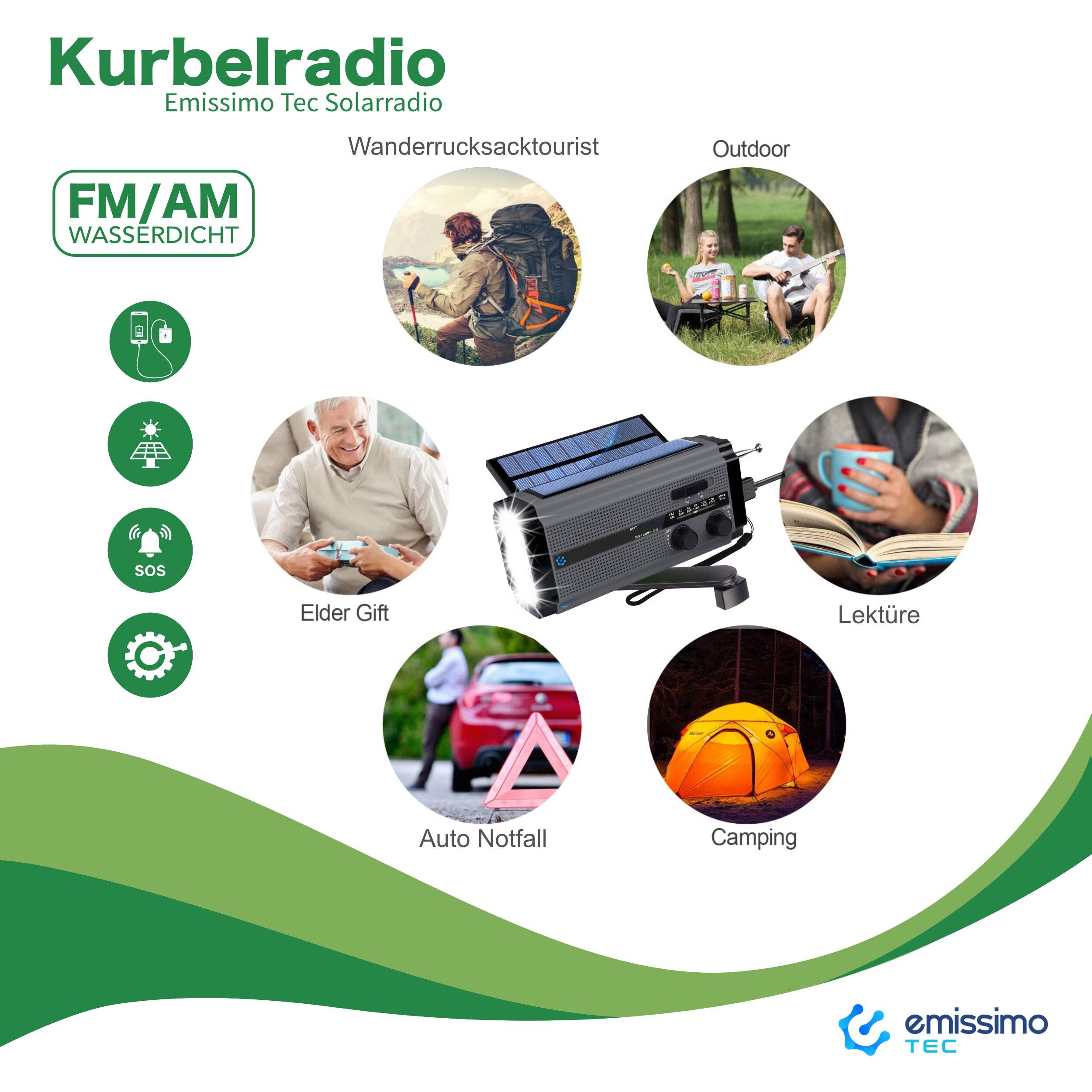 Emissimo Tec Solarradio -ONE- Notfallradio Akku Kurbelradio mit USB-Ladeanschluss und Powerbank-4