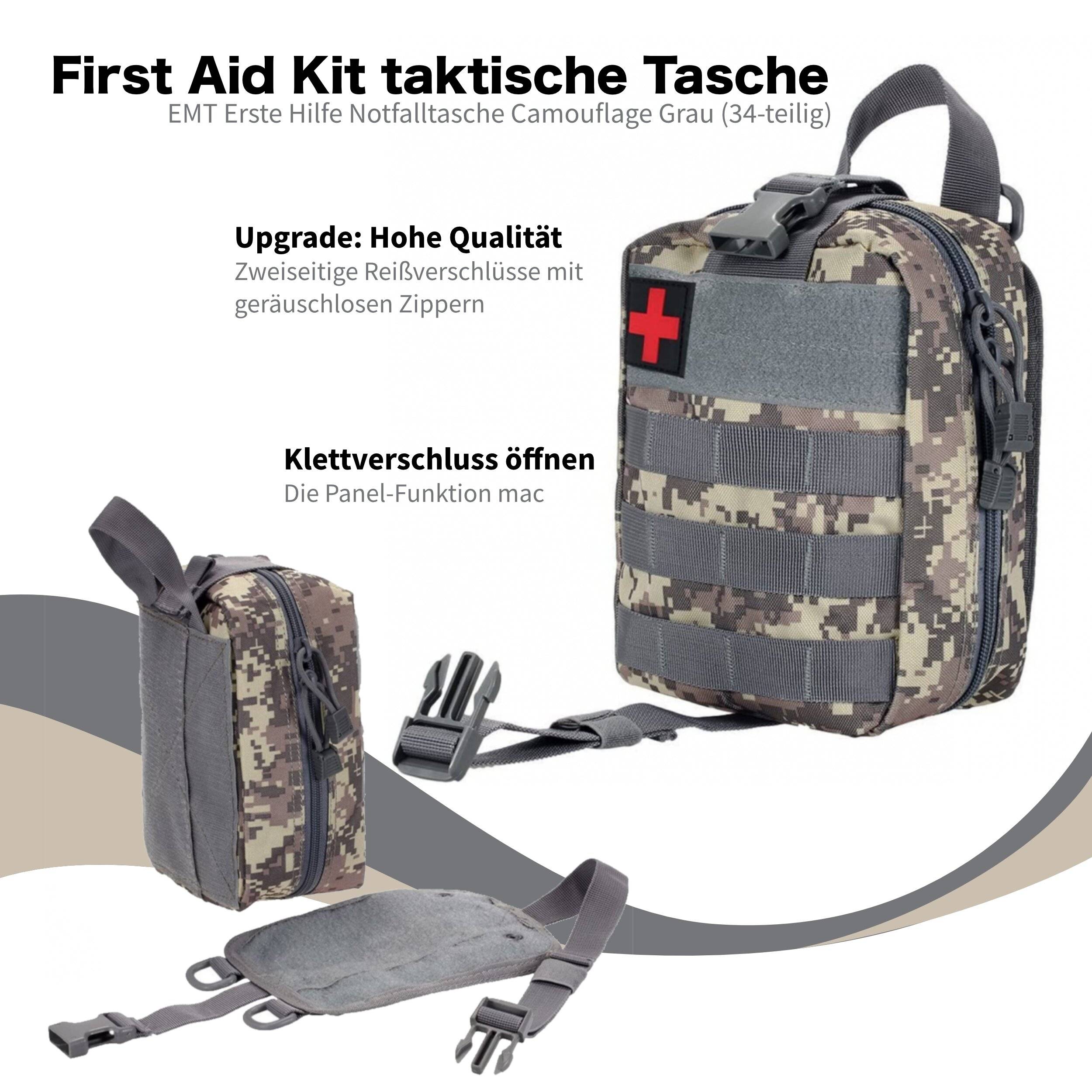 Preisbild für First Aid Kit taktische Tasche, DIN 13164 Erste Hilfe Notfalltasche Camouflage grau (34-teilig)