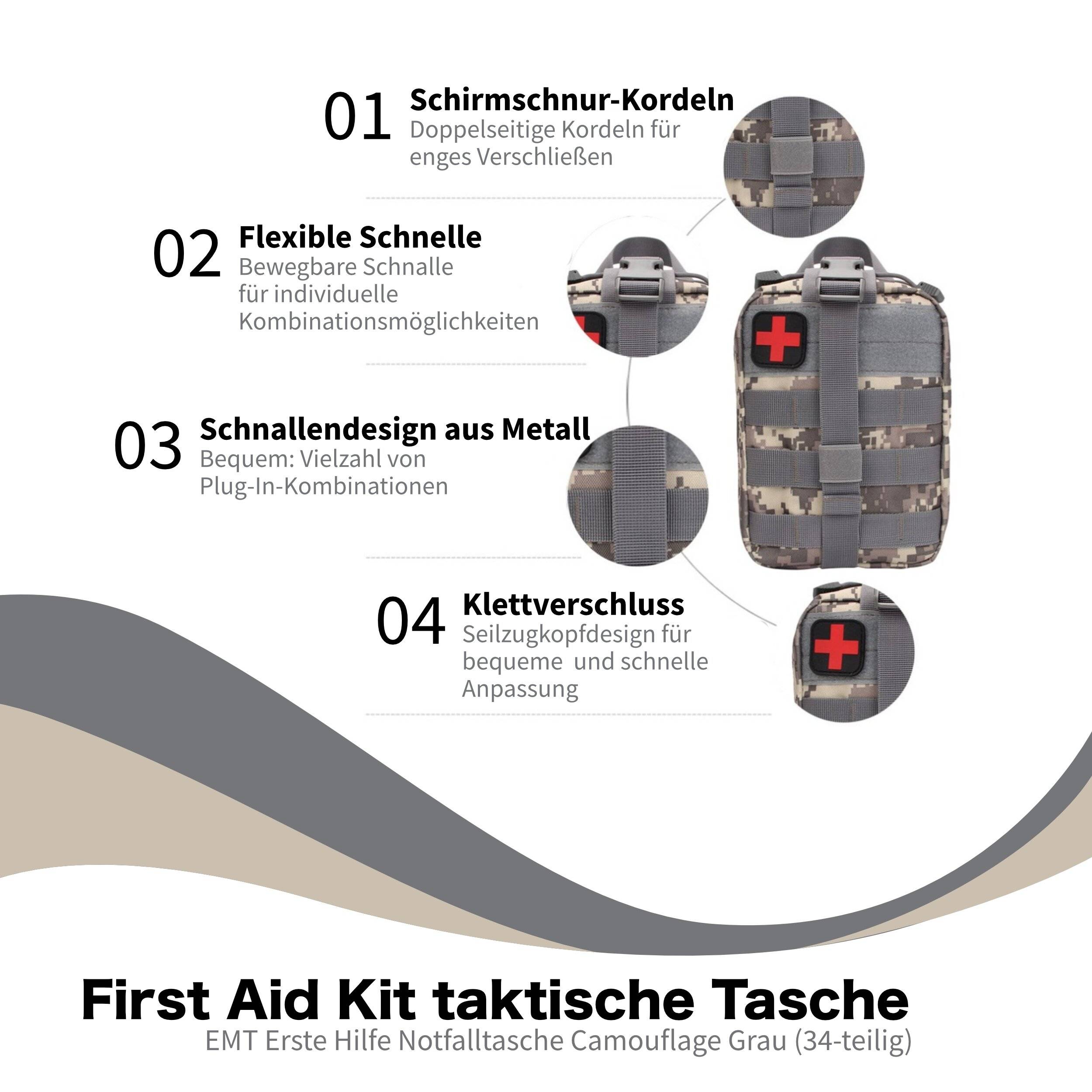 First Aid Kit taktische Tasche, DIN 13164 Erste Hilfe Notfalltasche Camouflage grau (34-teilig)-3