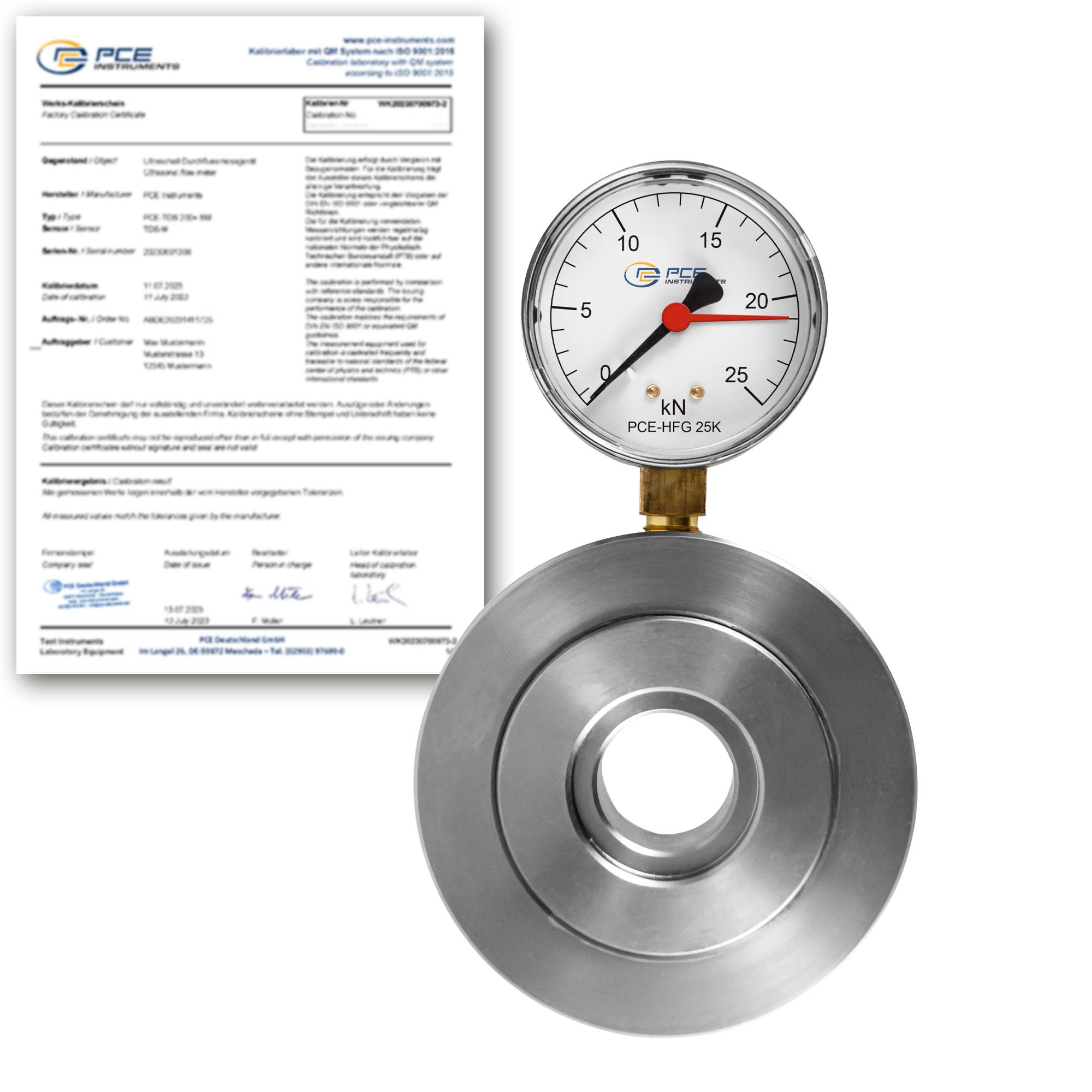 PCE Instruments PCE-HFG 25K-ICA Hydraulische Kraftmessdose inkl. ISO-Zertifikat mit Befestigungsbohrungen|27mm Ringöffn.-0
