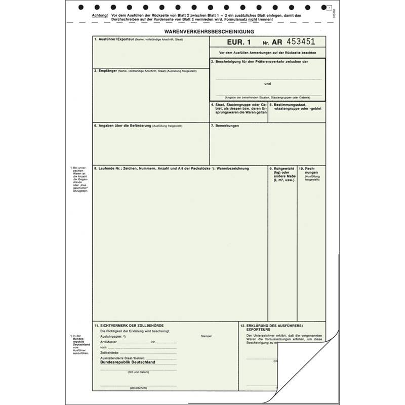 RNK Verlag Vordruck "Warenverkehrsbescheinigung EUR.1", SD-0