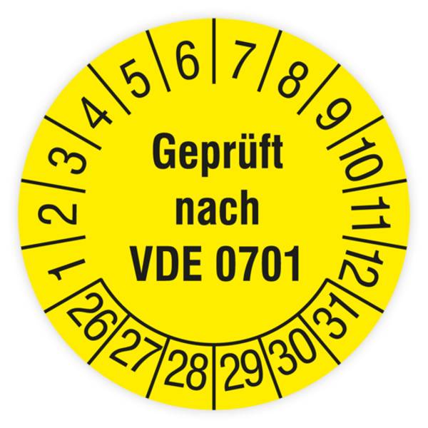 Prüfplakette, Geprüft nach VDE 0701, 2026, Standardfolie, Ø 30 mm, Heft