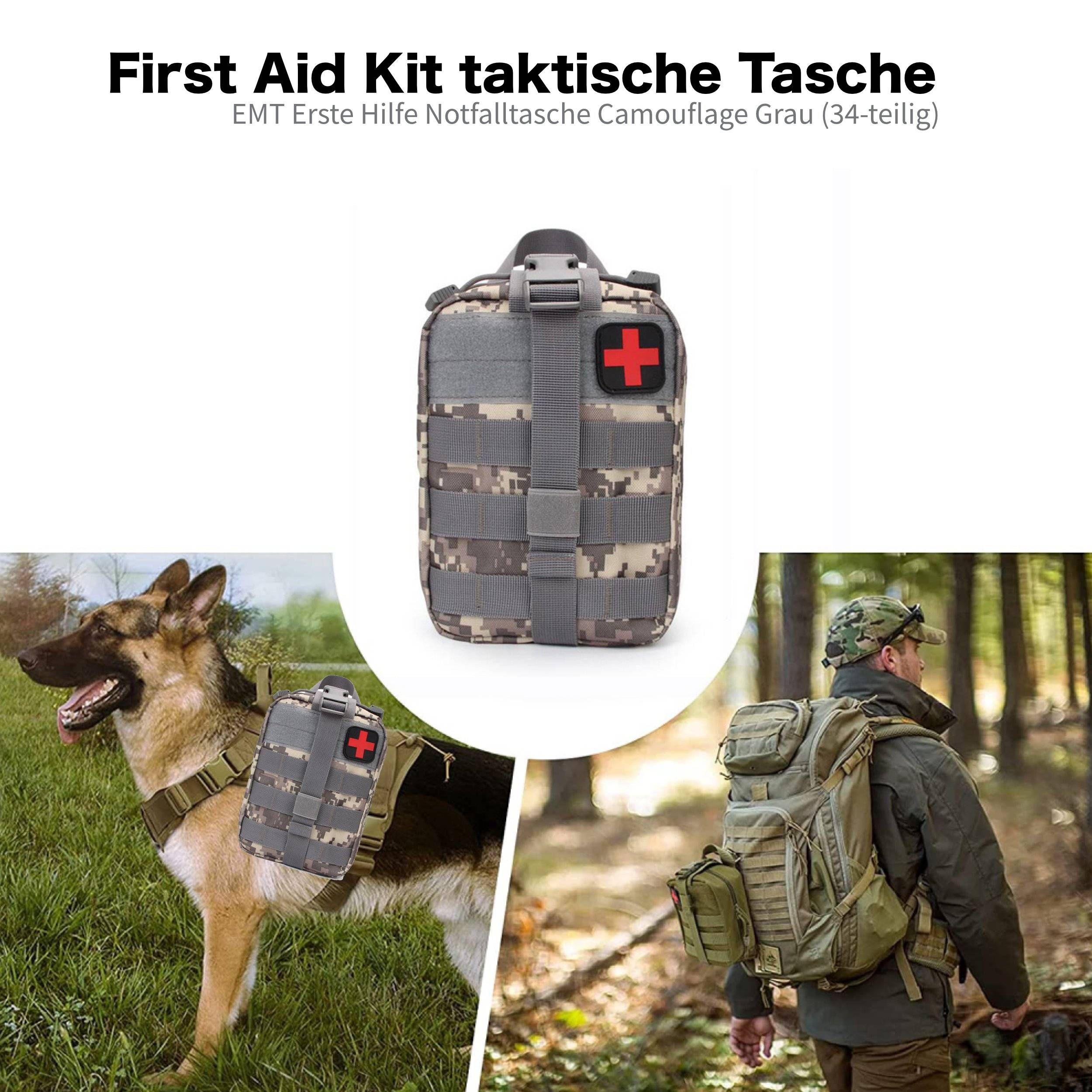 First Aid Kit taktische Tasche, DIN 13164 Erste Hilfe Notfalltasche Camouflage grau (34-teilig)-8
