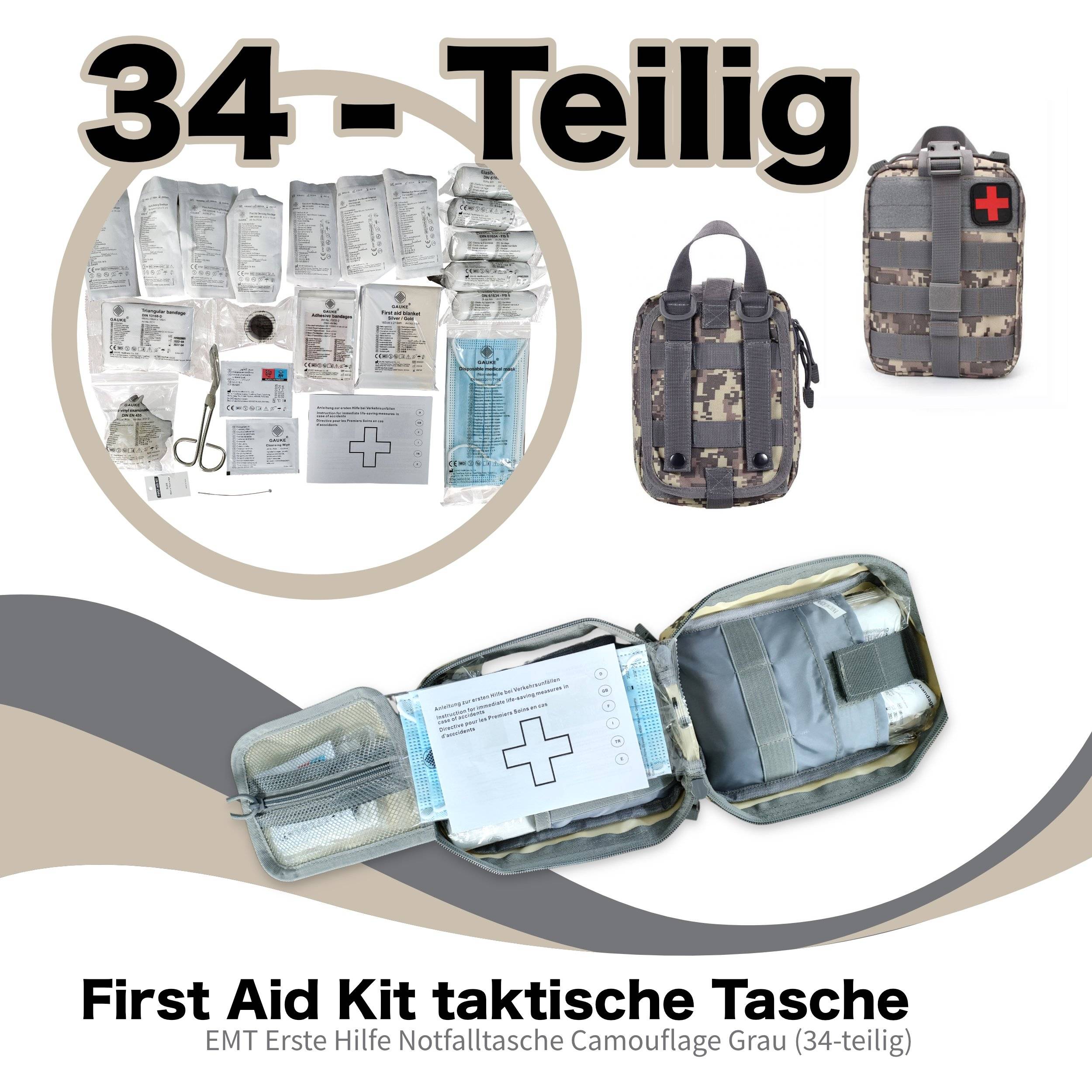 First Aid Kit taktische Tasche, DIN 13164 Erste Hilfe Notfalltasche Camouflage grau (34-teilig)-9