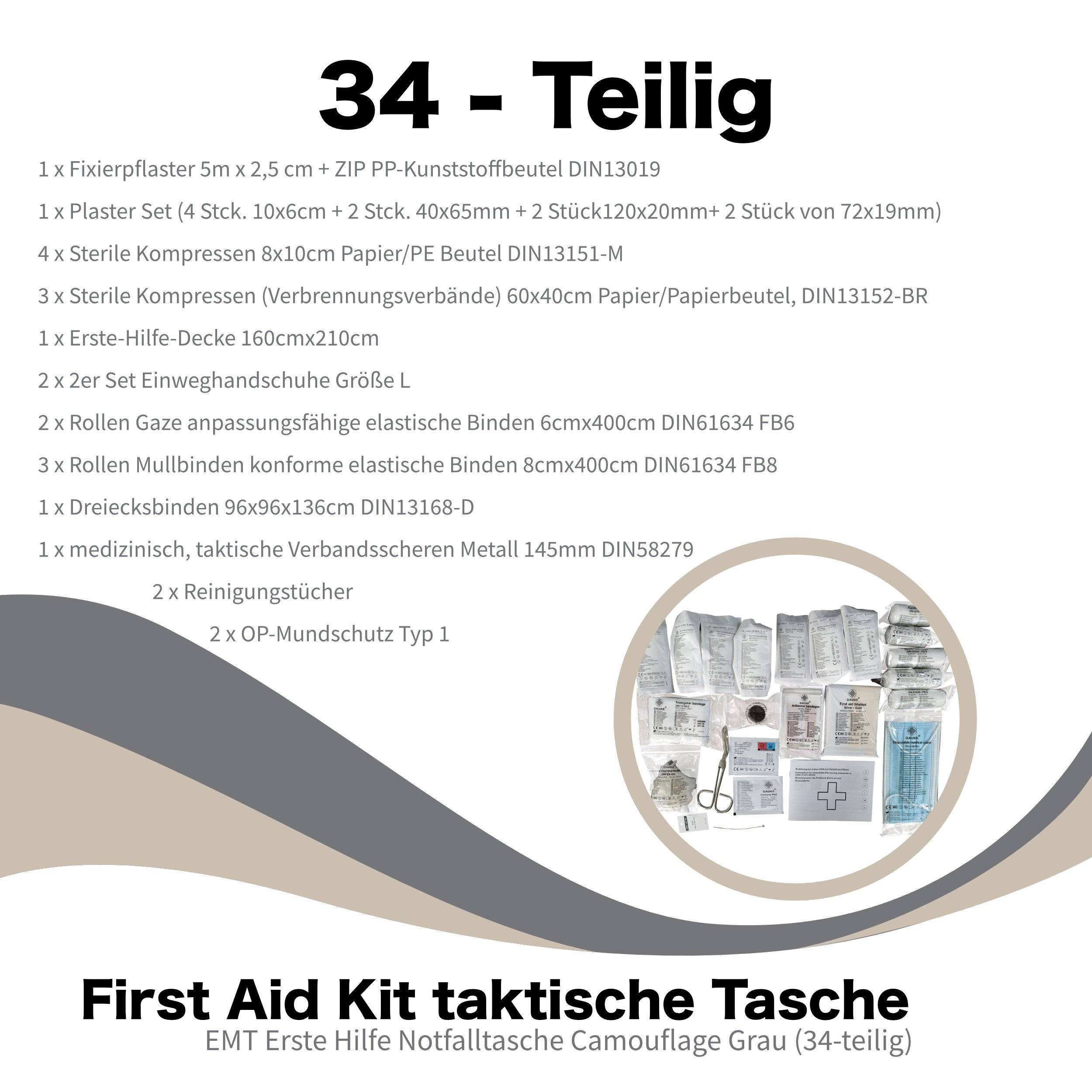 Symbolbild für First Aid Kit taktische Tasche, DIN 13164 Erste Hilfe Notfalltasche Camouflage grau (34-teilig)