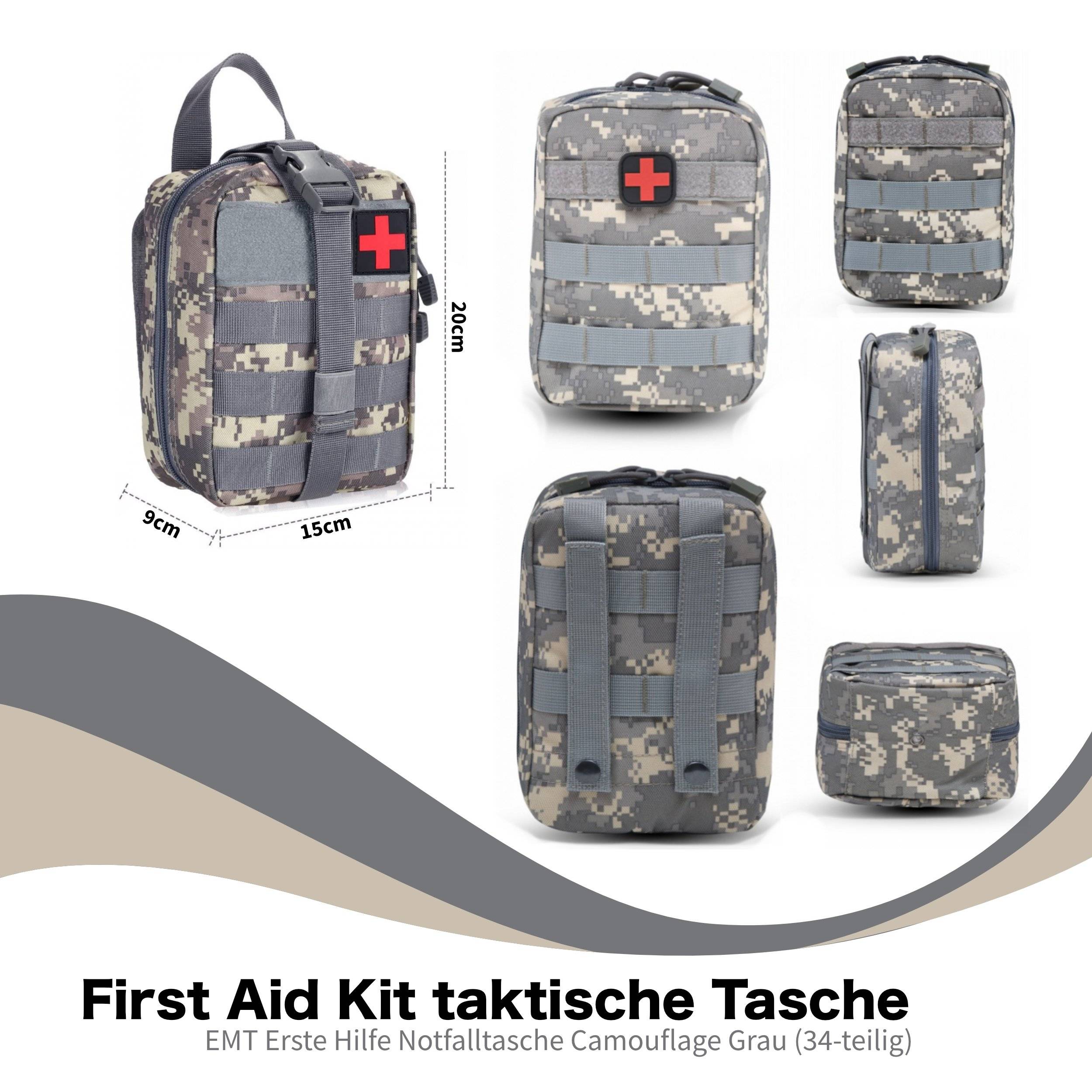 Symbolbild für First Aid Kit taktische Tasche, DIN 13164 Erste Hilfe Notfalltasche Camouflage grau (34-teilig)