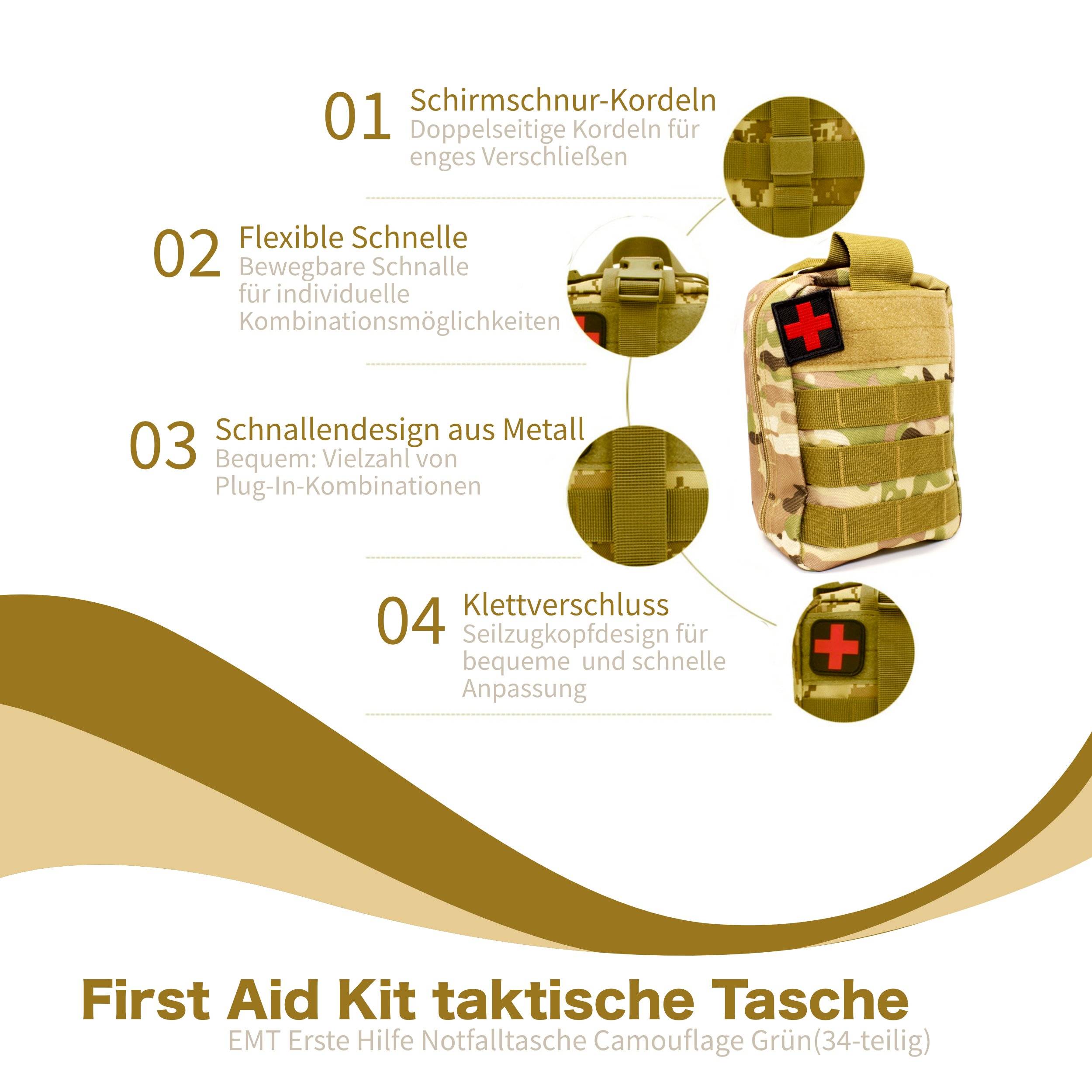 First Aid Kit taktische Tasche, EMT Erste Hilfe Notfalltasche Camouflage grün (34-teilig)-7