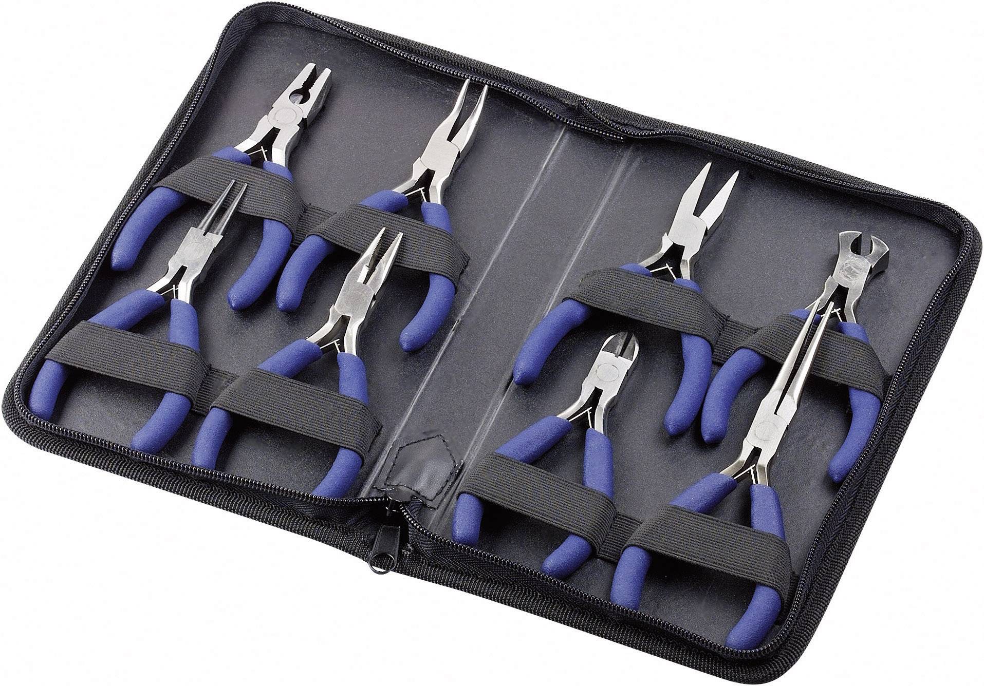 Ein Satz von sechs blauen Zangen in verschiedenen Formen, ordentlich in einer schwarzen, aufklappbaren Tasche angeordnet.