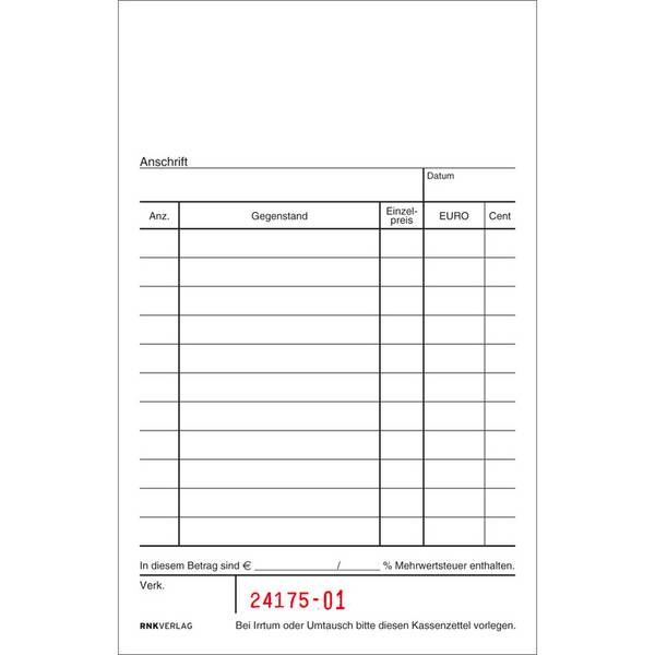 RNK Kassenblock 2952 15x10cm oben geheftet 50x2Blatt