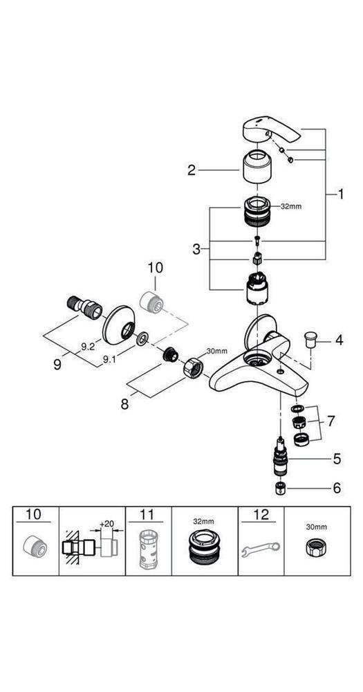 Grohe Eurosmart Einhand-Wannenbatterie, Wandmontage, Chrom, 33300002-3