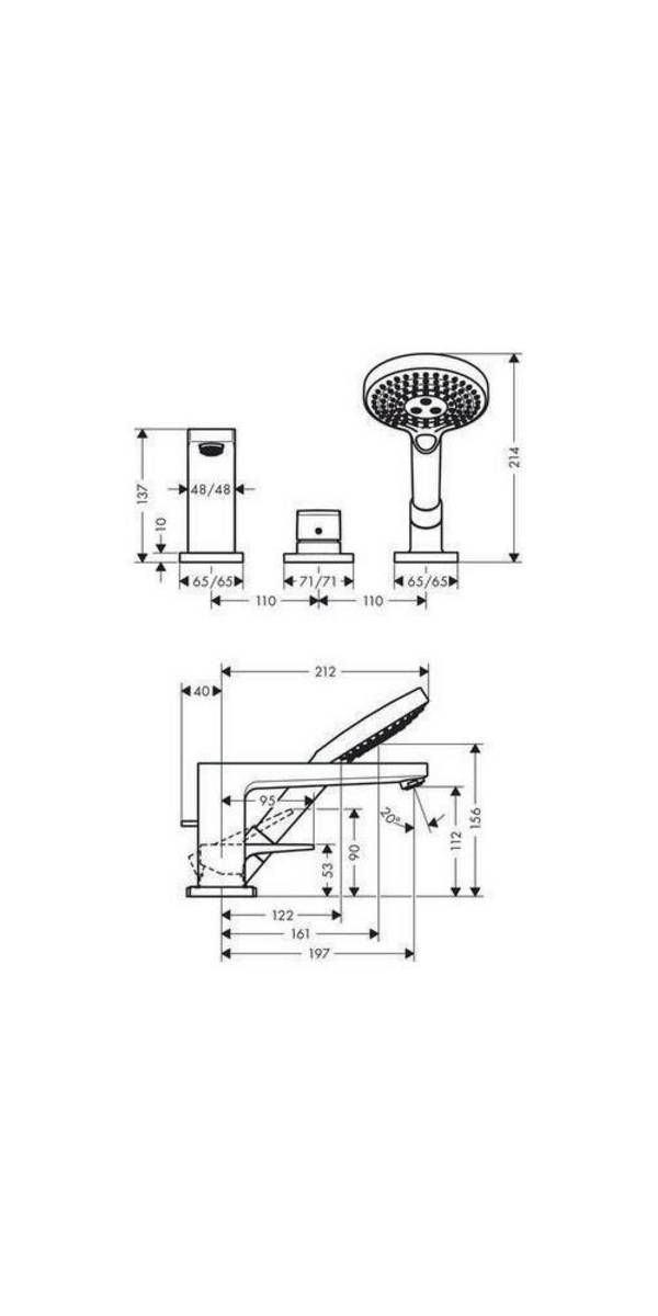 Hansgrohe Metropol 3-Loch Einhebel-Wannenrandmischer, 19l/min, Hebel-Grifffür Secuflex, Chrom
