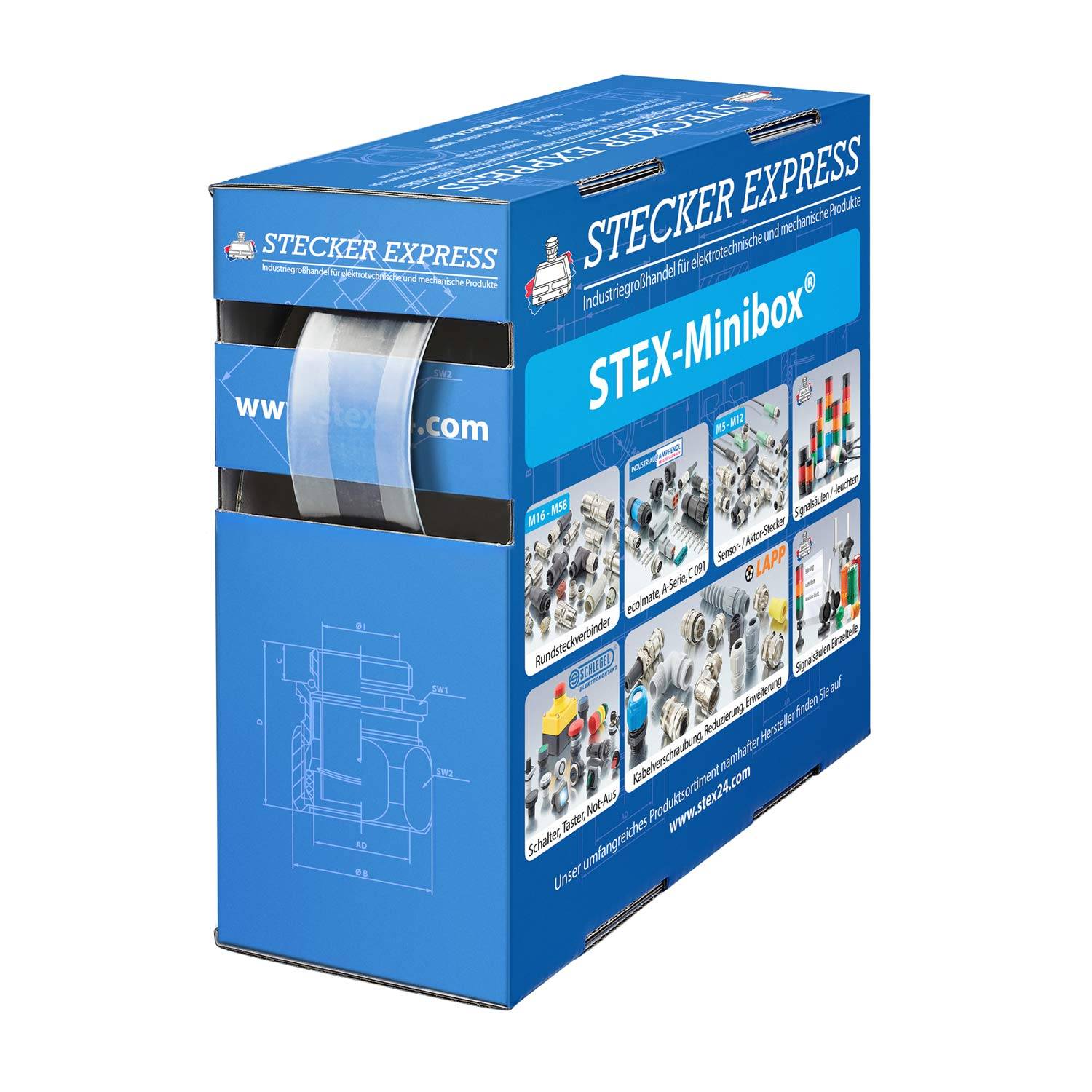 STEX24 Schrumpfschlauch 2:1, Minibox mit 5,9m, transparent 16,0/8,0mm, 5/8 Zoll, WSB2 Schrumpftemperatur mind. 95°C,
