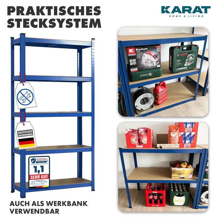 KARAT Schwerlastregal Grizzly - Bis zu 1250 kg Traglast - Schnelle Montage - 180 x 120 x 45 cm - Blau-2