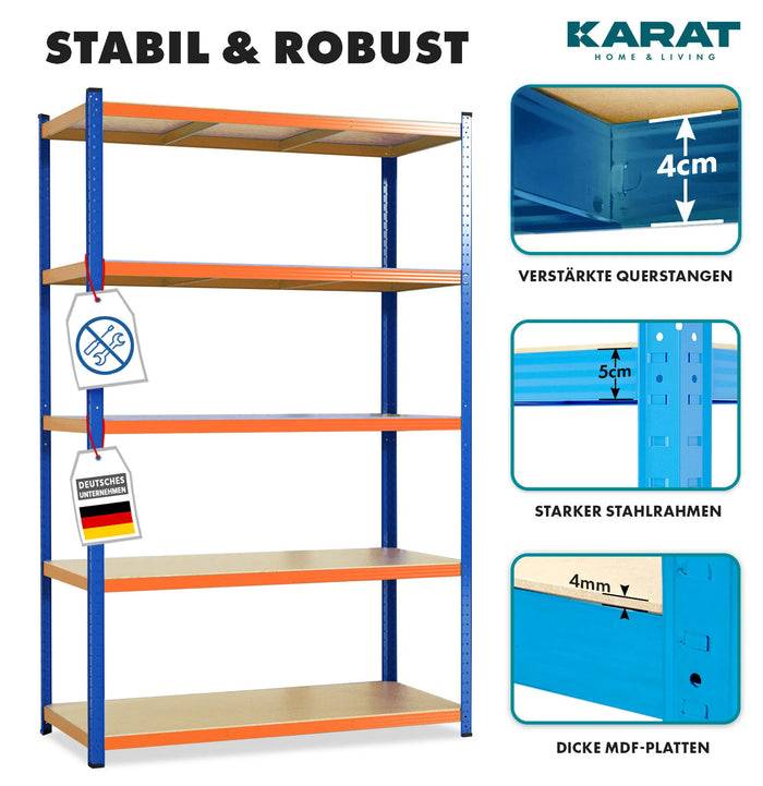 KARAT Schwerlastregal Grizzly - Bis zu 1250 kg Traglast - Schnelle Montage - 180 x 90 x 60 cm - Blau-Orange-1