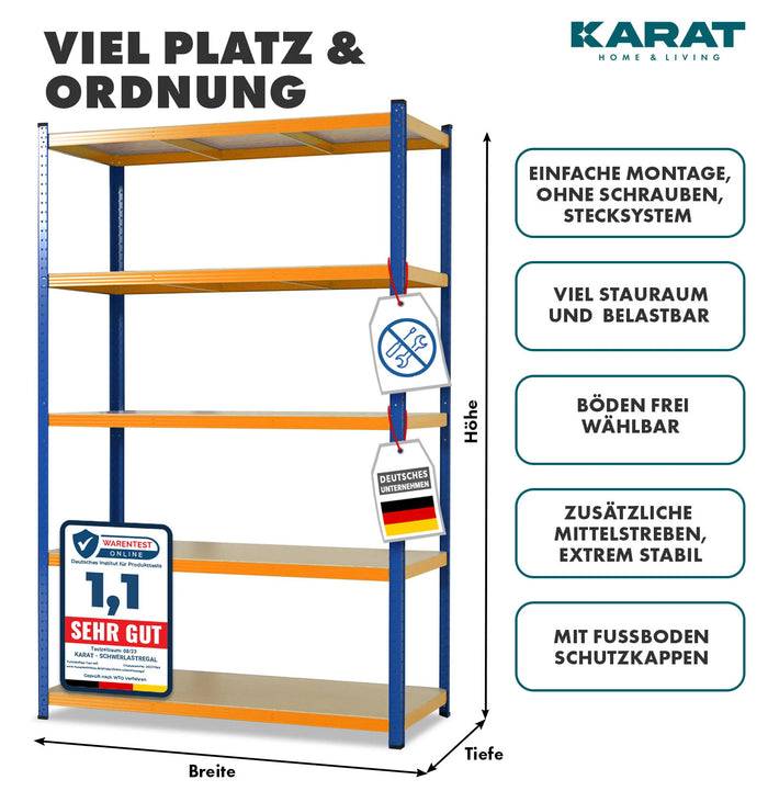 KARAT Schwerlastregal Grizzly - Bis zu 1250 kg Traglast - Schnelle Montage - 180 x 90 x 60 cm - Blau-Orange-2