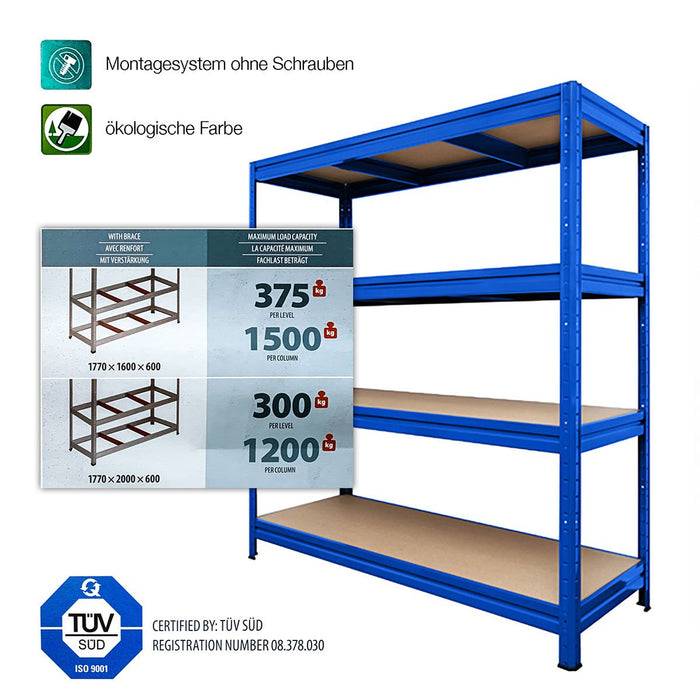 KARAT Weitspannregal - Traglast bis zu 1600 kg - Für Keller & Werkstatt - 200 x 180 x 60 cm - Blau-2