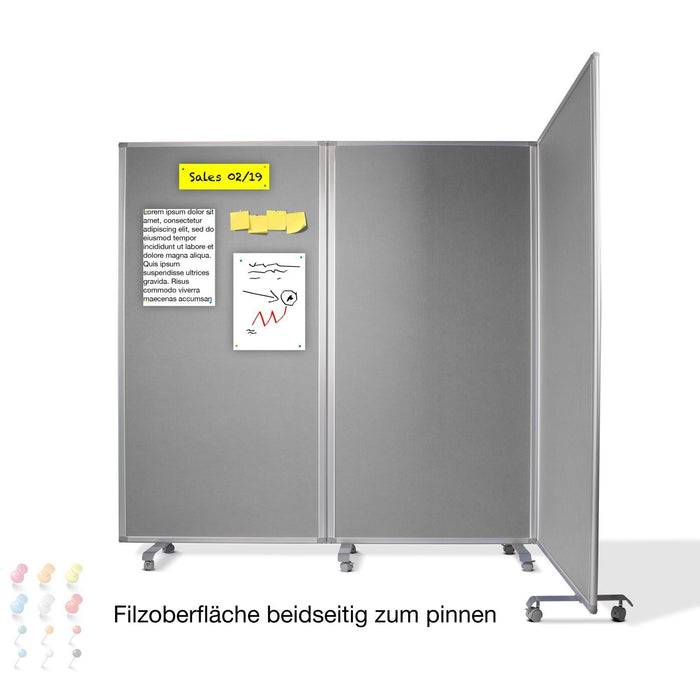 Floordirekt Filz-Stellwand - Trennwand 3-teilig - Grau - 180 x 180 cm - Mit Rollen - Doppelseitig Nutzbar-3