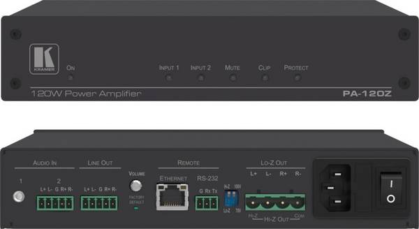KRAMER PA-120Z - Leistungsverstärker mit integrierter DSP (1x120 Watt @ 70V/100V | 2x 60 Watt @ 8Ohm | Linepegel-Out |