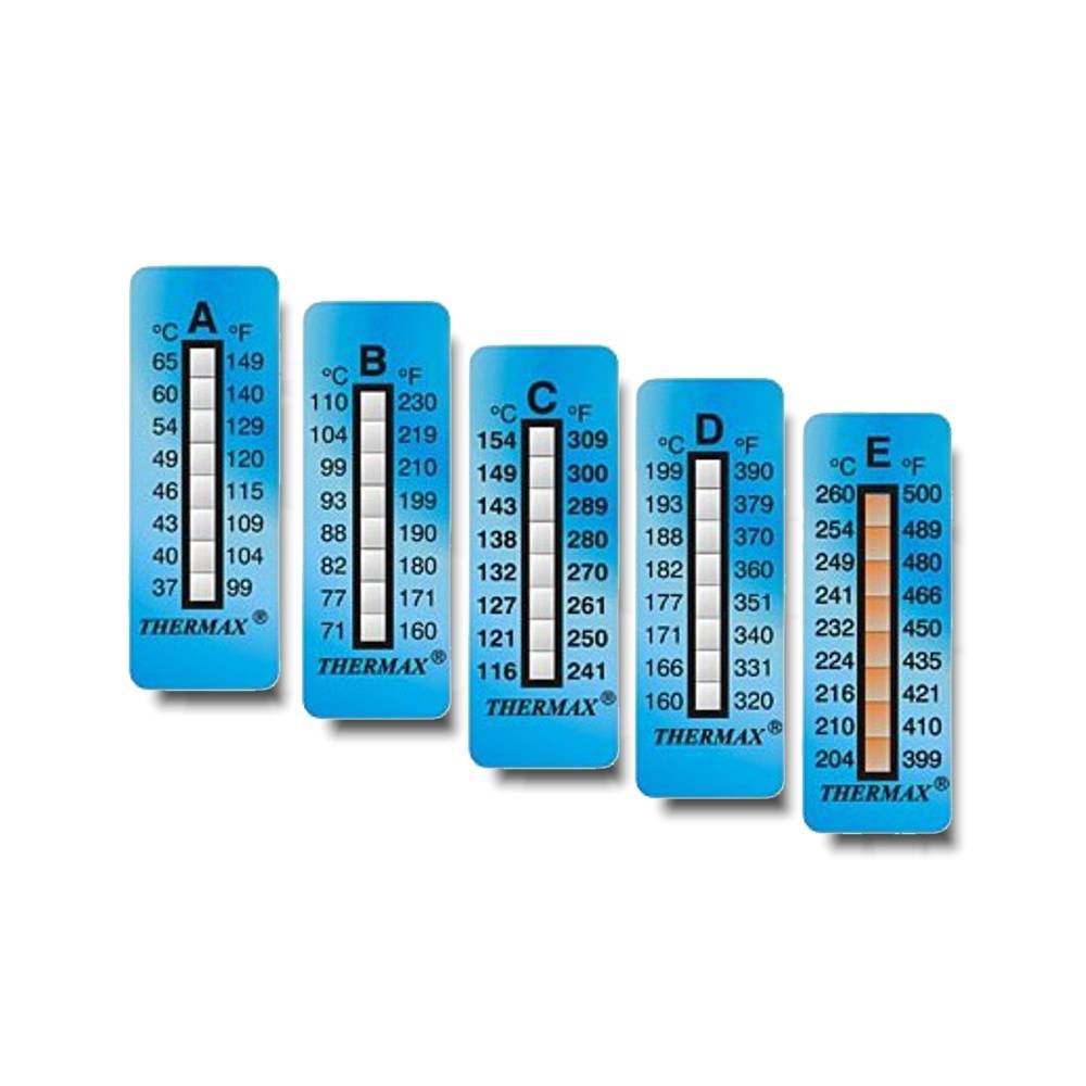Zu sehen sind mehrere Thermax Messstreifen, die unterschiedliche Temperaturbereiche abdecken. Die Skala bildet sowohl Grad Celsius als auch Grad Fahrenheit ab.