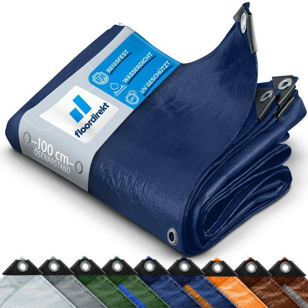 FLOORDIREKT Abdeckplane - Vielseitig einsetzbar - Wasserdicht & Reißfest - 140 g/m² - Blau - 10 m x 15 m