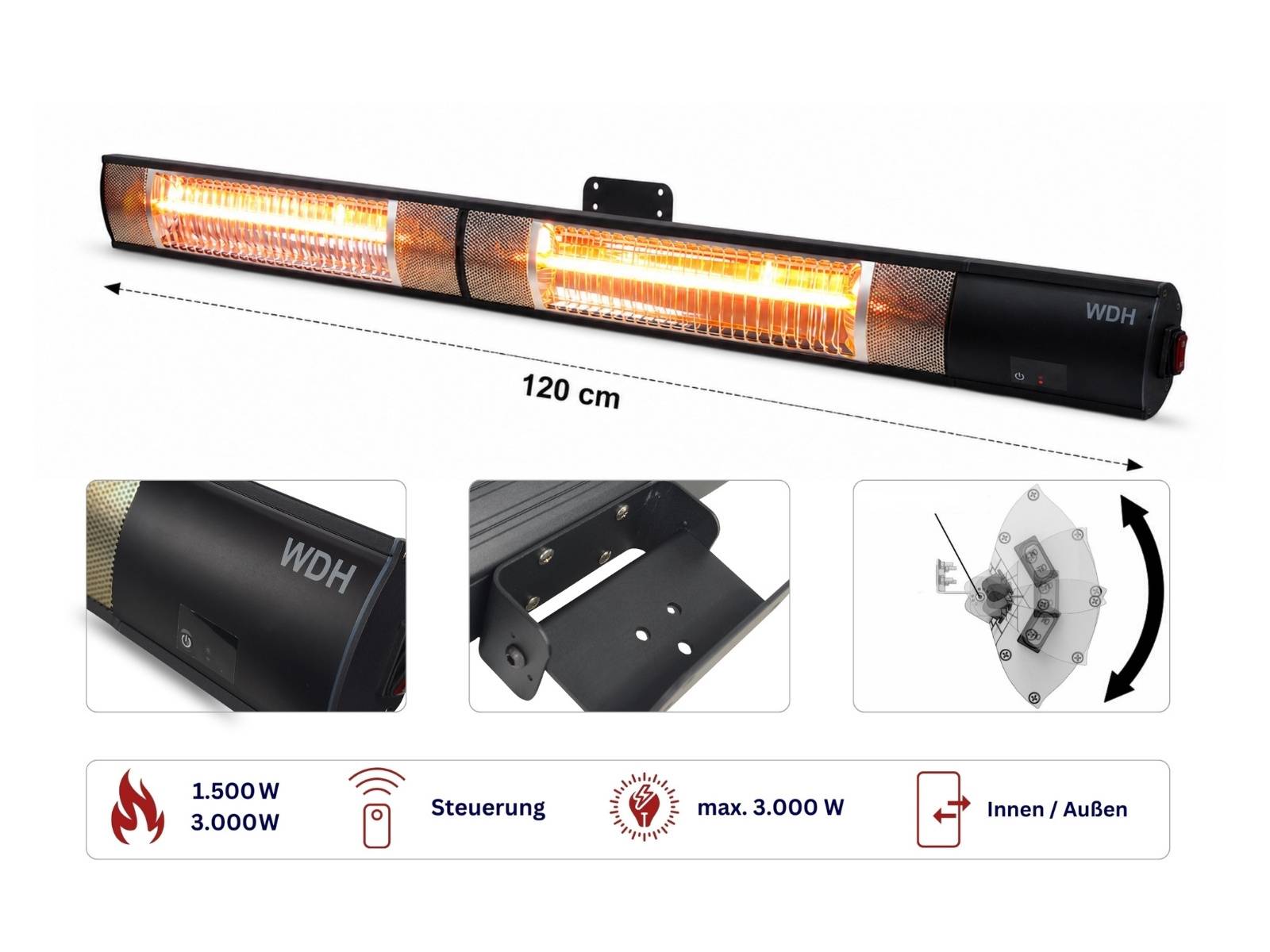 WDH Wand-Heizstrahler WDH-300WS - 3.000 W - Außenbereichstauglich/Outdoor - Gastro, Bar, Restaurant-1