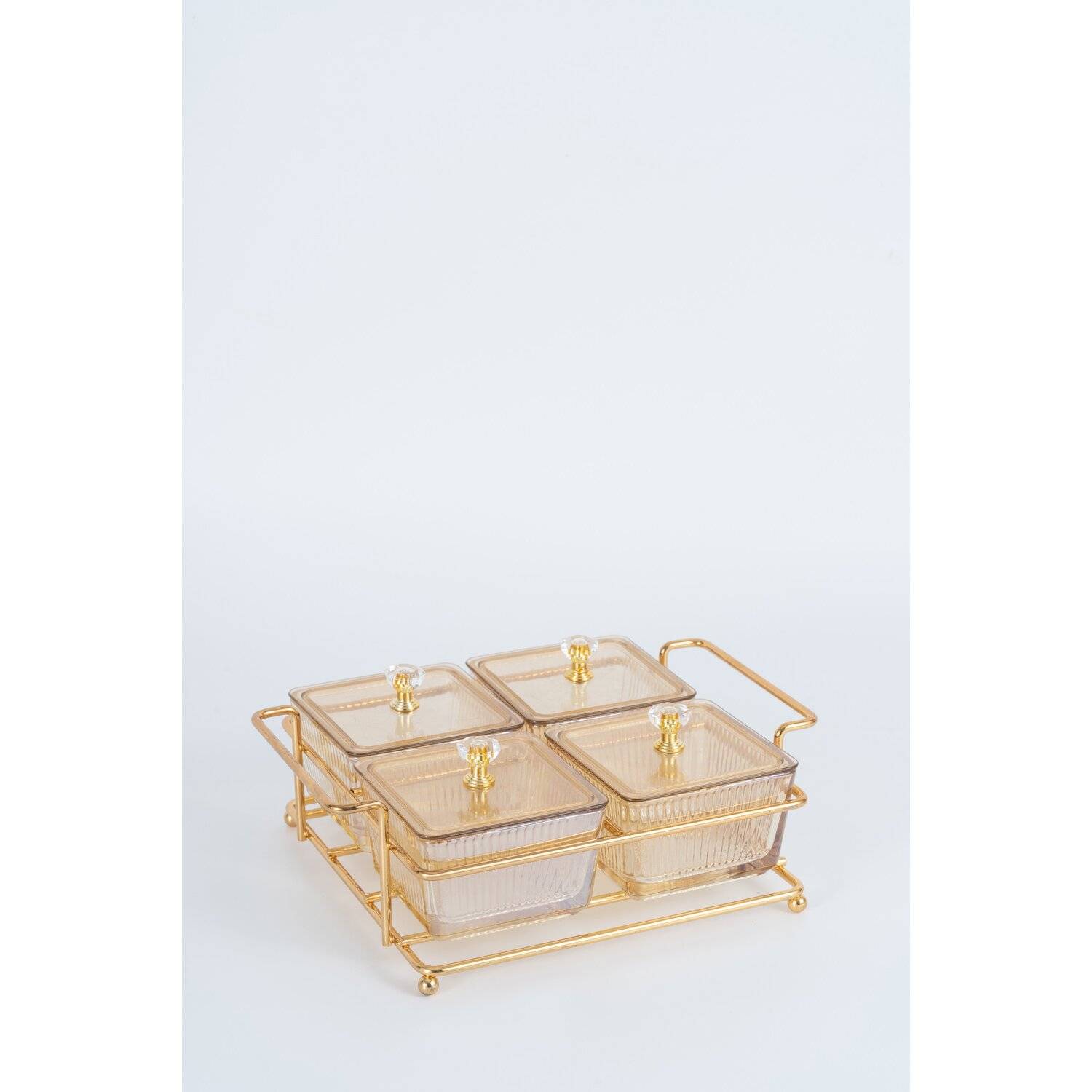 Knabber Schalenset 4 Fächer mit Deckel und Ständer Cerezlik Servierschale Knabberschale aus Glas Gold-0