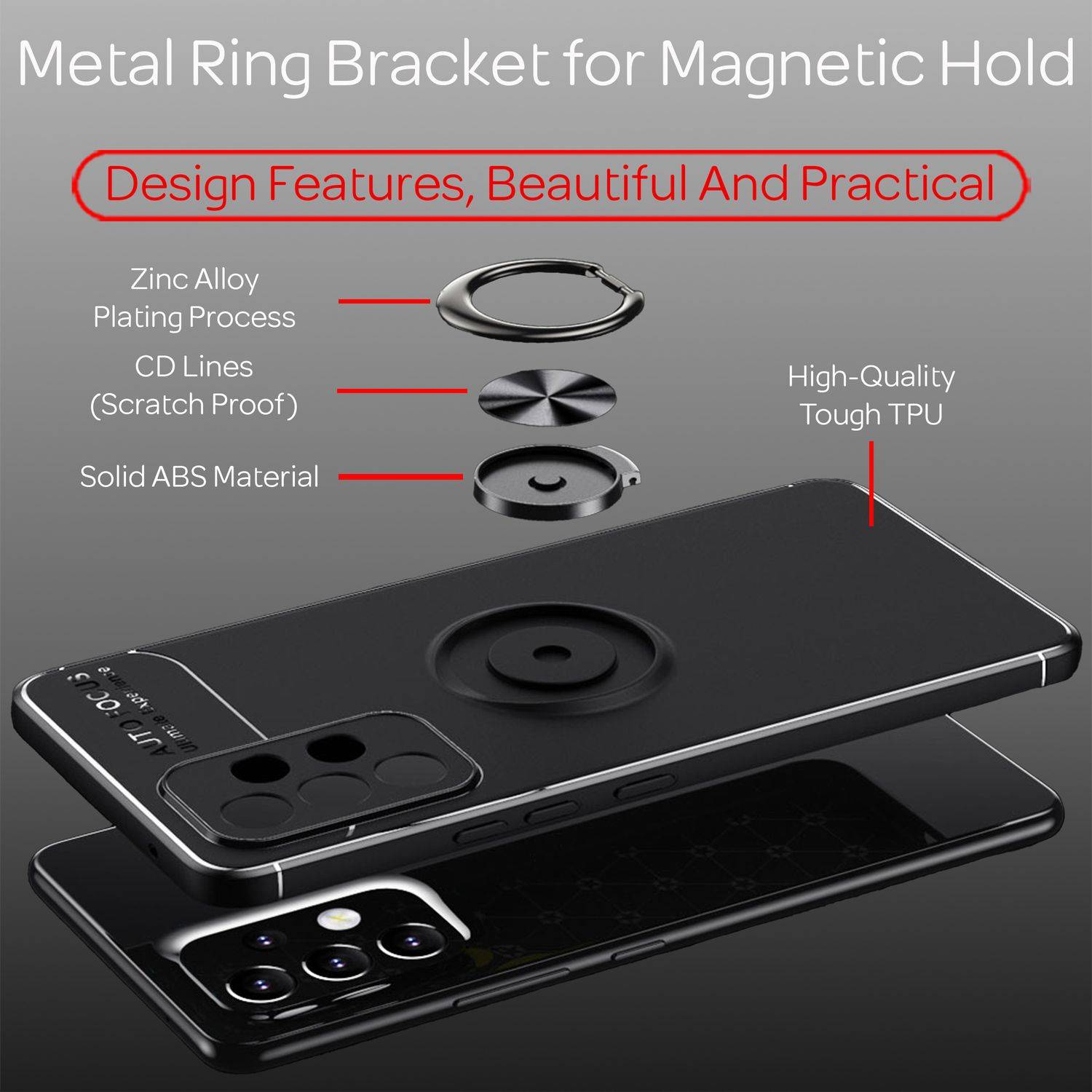 NALIA Matt-Schwarze Ringhülle für Samsung Galaxy A53, Handyhülle mit 360° Ring für Standfunktion & KFZ-Halterung, Robust-2