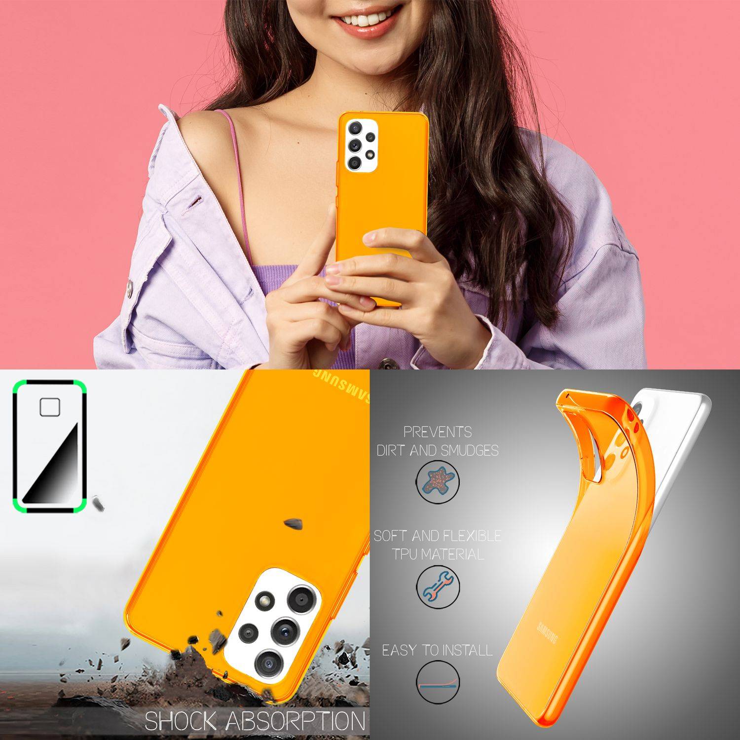 Klare Neon Silikonhülle für Samsung Galaxy A53, Handy Hülle Schutz TPU Case Orange-2
