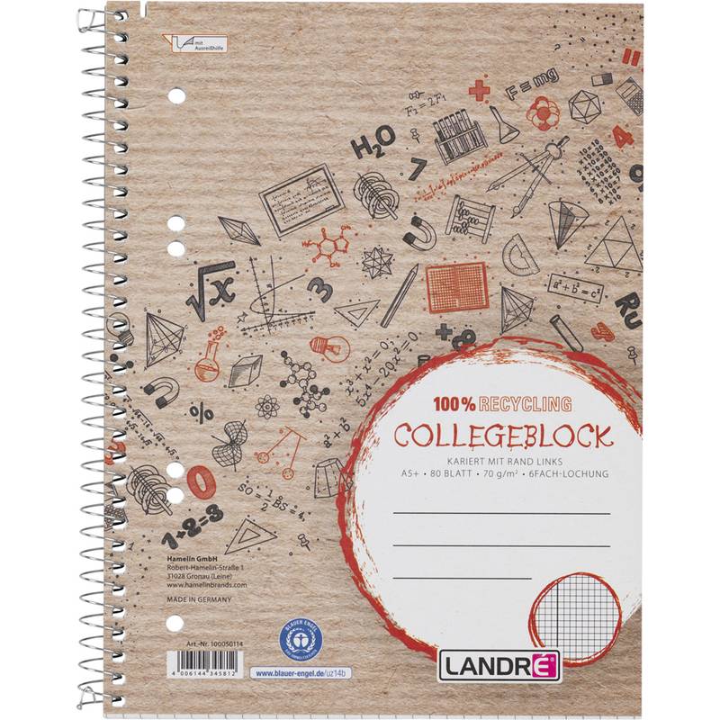 herlitz Collegeblock "Recycling" DIN A5+, kariert, 80 Blatt-0
