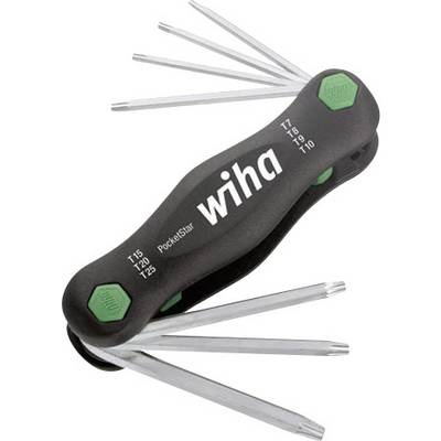 Ein Mehrfachwerkzeug mit mehreren Sechskantschlüsseln in verschiedenen Größen ist halb geöffnet. Aufschrift 'Wiha PocketStar'.