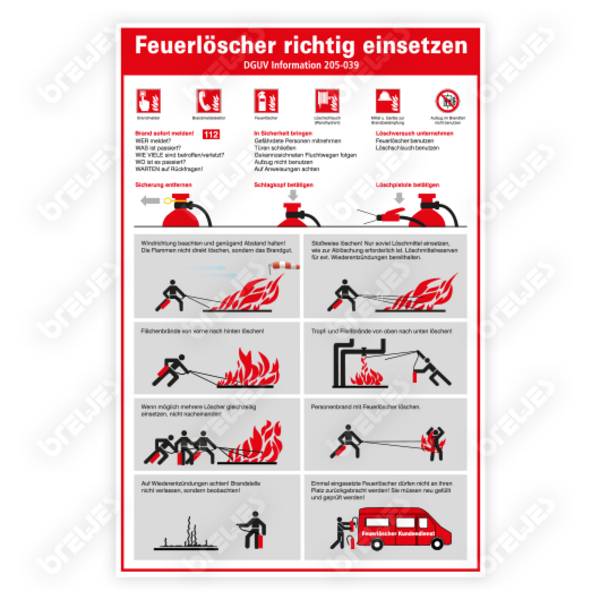 Sicherheitsaushang, Feuerlöscher richtig einsetzen gem. DGUV-Inf. 205-039, Aufkl. Folie, 200 x 300 mm