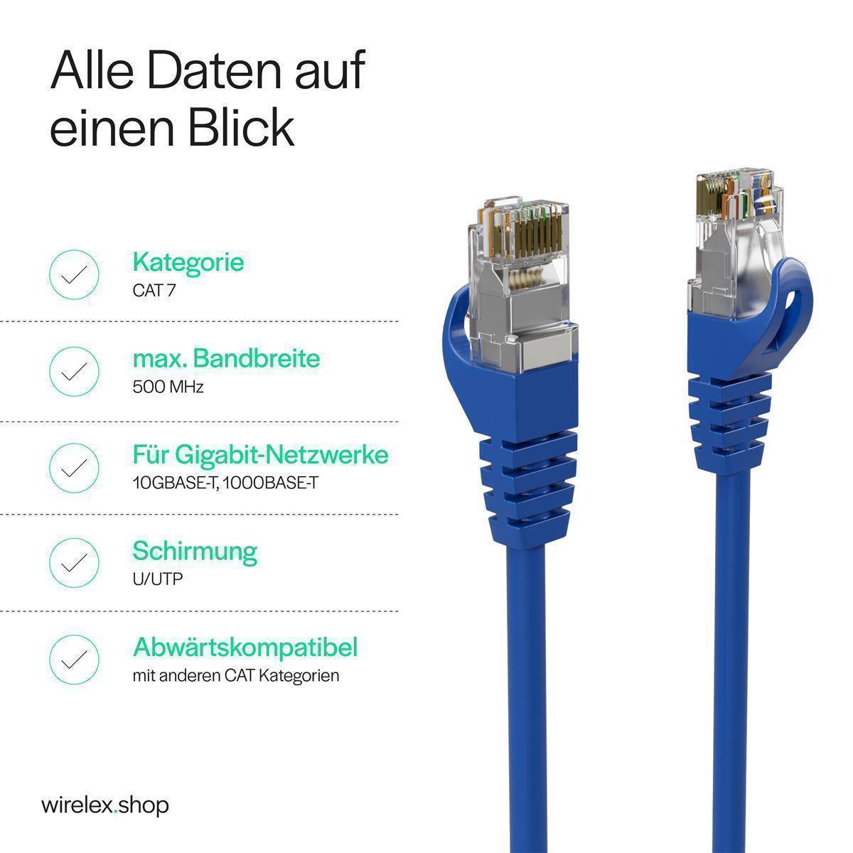 Netzwerkkabel RJ45 Patchkabel Ethernet LAN-Kabel U/UTP CAT 7 10 Gbit/s 10GBASE-T AWG26/7 8P8C Indoor 2,00m | Blau-1