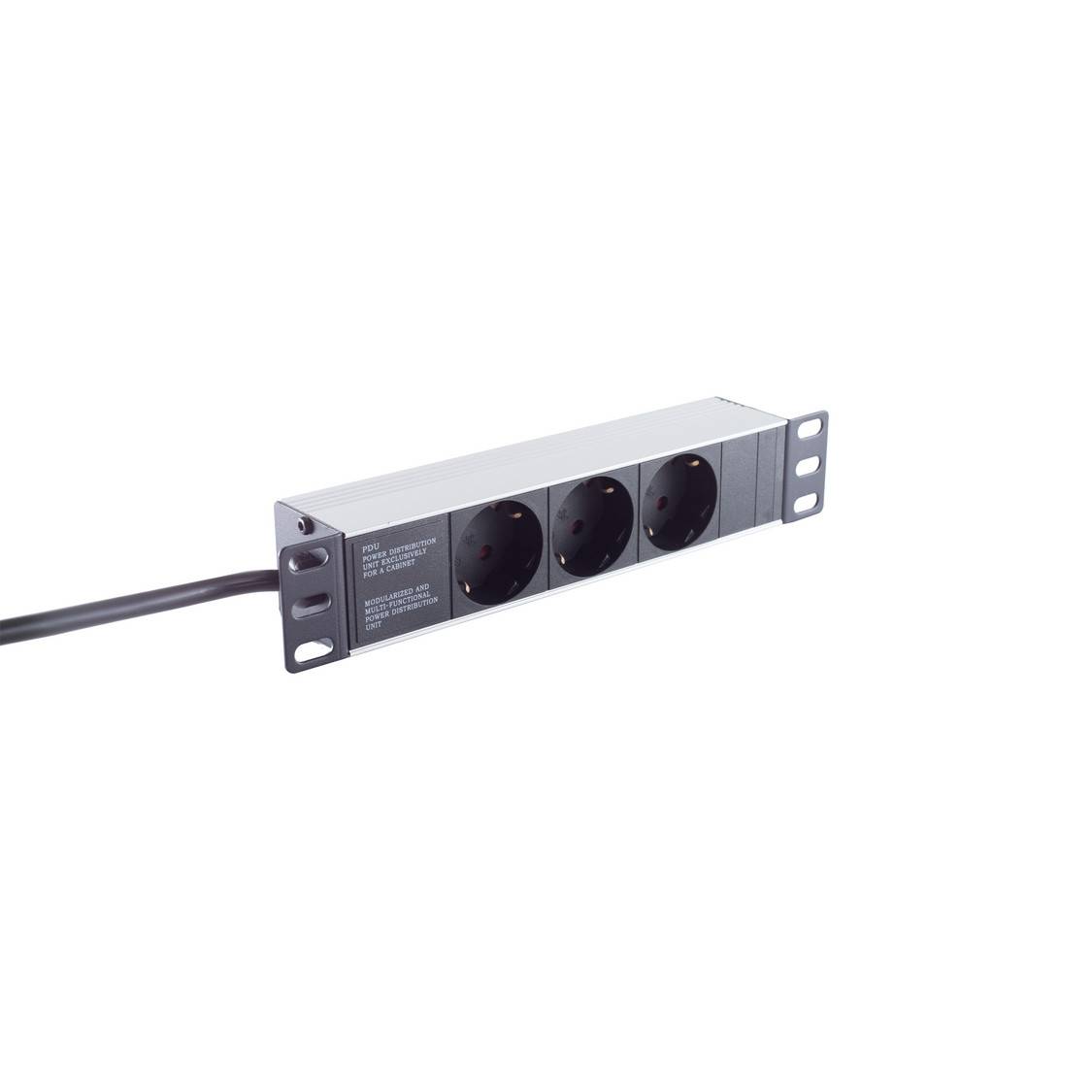 10 Zoll Steckdosenleiste Stromleiste 3-fach 1HE Rack PDU Schutzkontakt Kindersicherung Schwarz 2m-0
