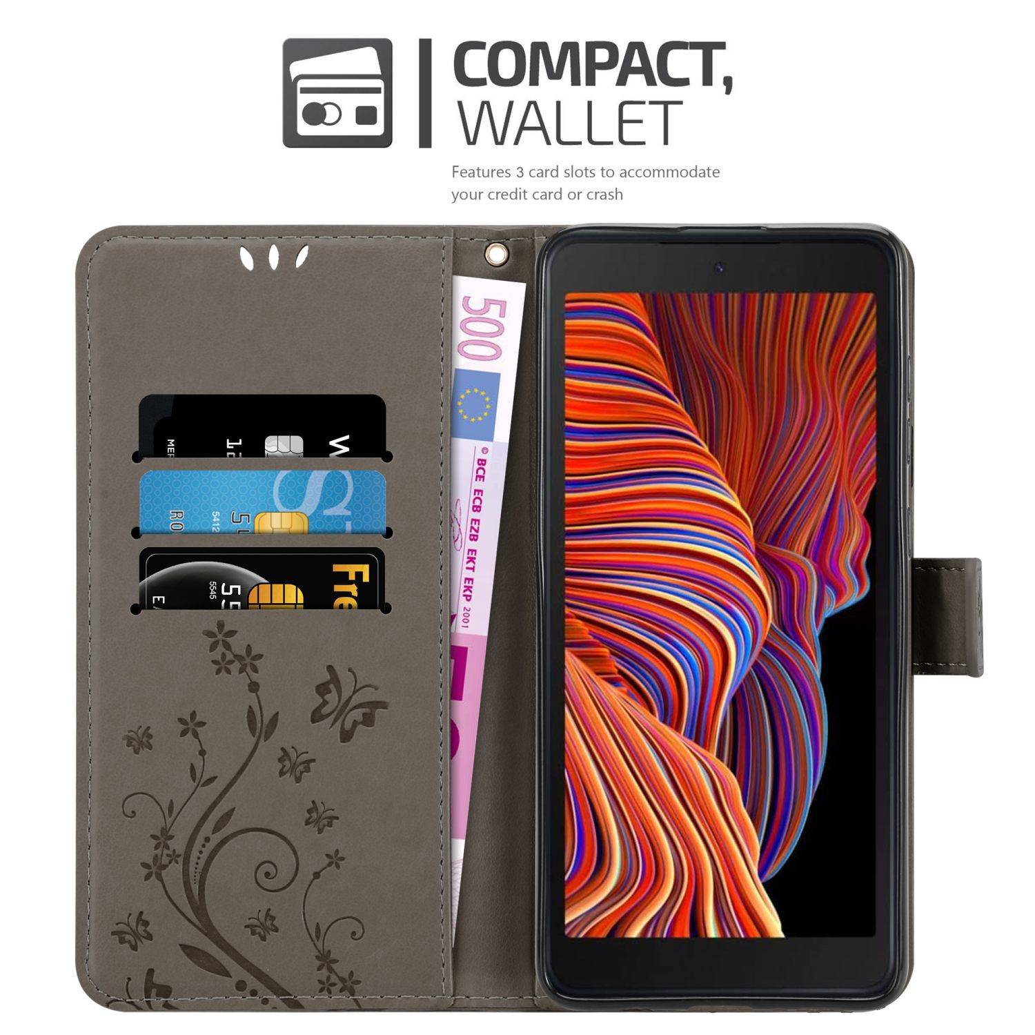 Cadorabo Hülle für Samsung Galaxy XCover 5 Schutz Hülle in Grau Schutzhülle Handy Hülle Etui Case Blumen Flower-1
