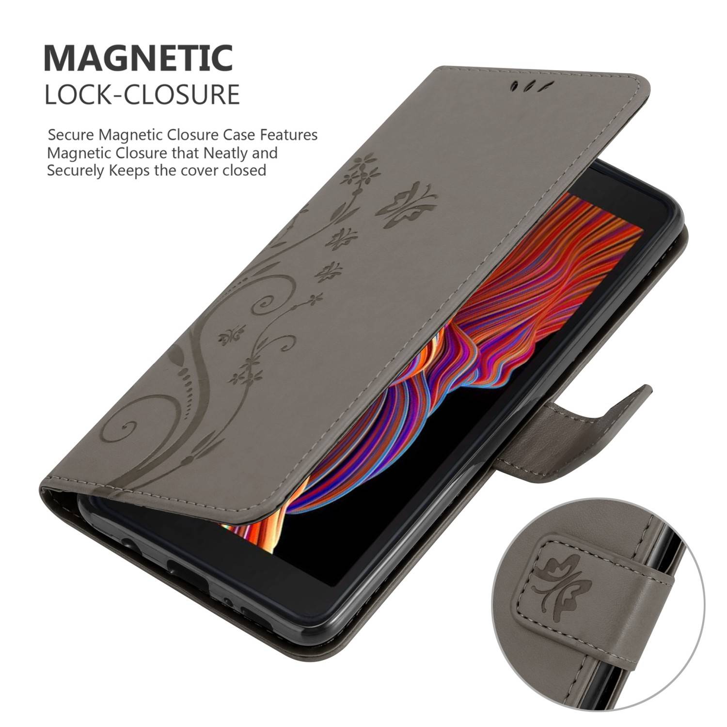 Cadorabo Hülle für Samsung Galaxy XCover 5 Schutz Hülle in Grau Schutzhülle Handy Hülle Etui Case Blumen Flower-3