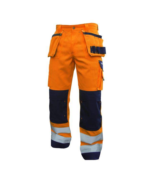 Warnschutzhose mit Holstertaschen und Kniepolstertaschen, NEONORANGE/DUNKELBLAU , Kurzgröße, Gr. 48-0